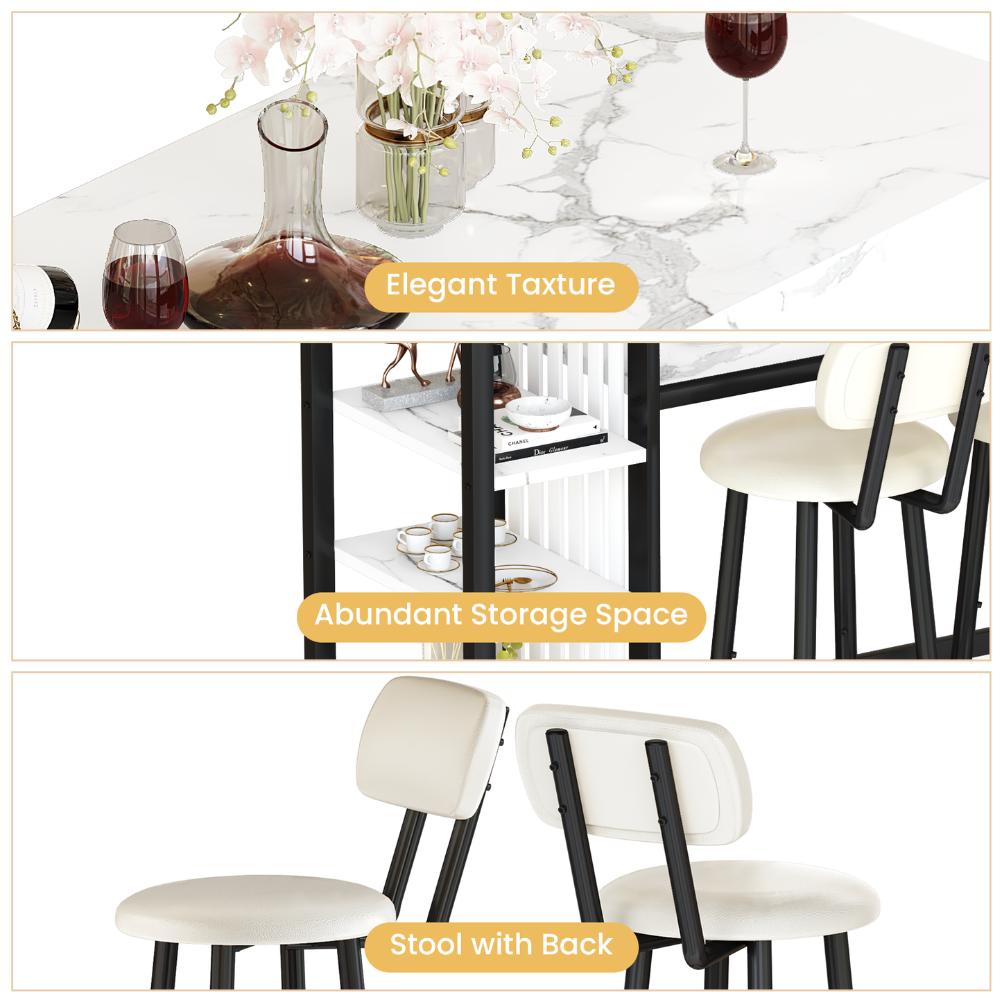 MIERES 3-Piece Bar Table and Chairs Set, Modern White Faux Marble Table with 2 PU Cushion Bar Stools, Kitchen Counter with 3 Tier Storage Shelves, Space Saving Table for Home & Kitchen, Black Frame