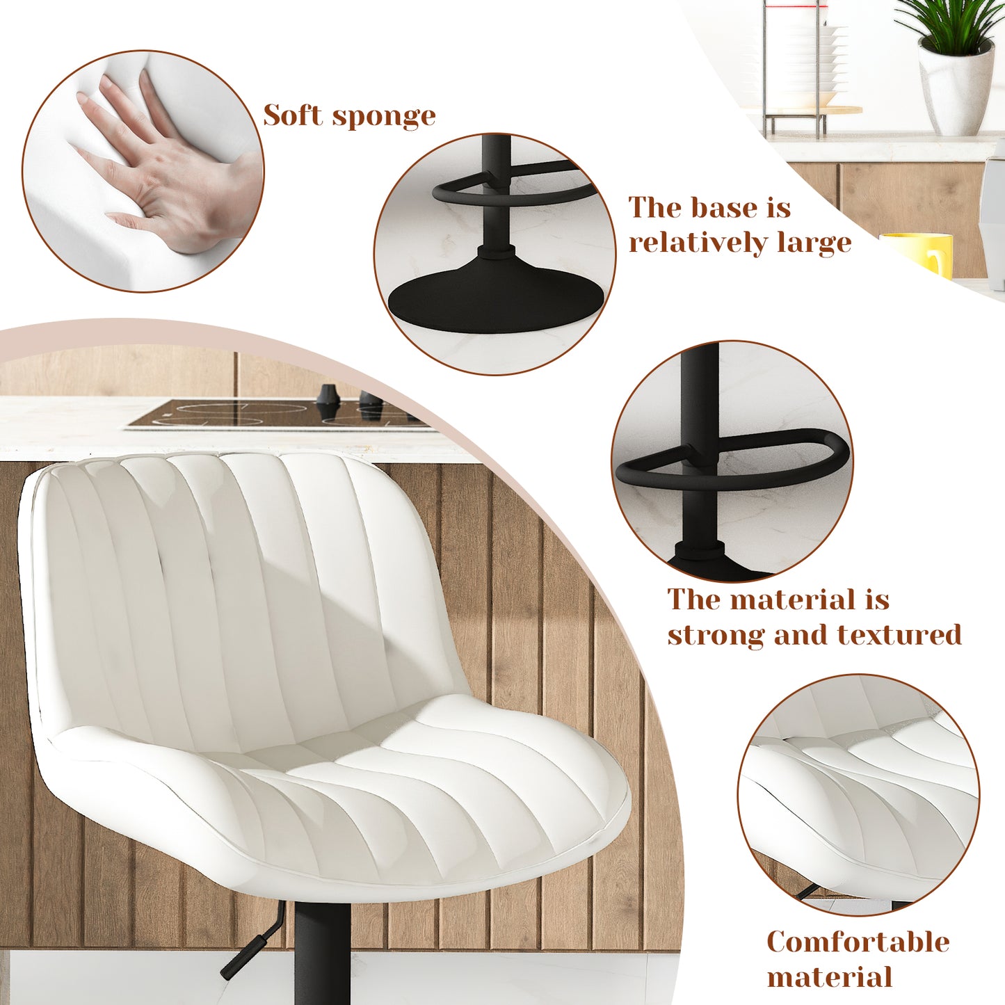 MIERES Modern Bar Stool Set of 2, Adjustable Faux Leather Upholstered Swivel Counter Stools, Counter Height Barstools with Back for Kitchen Island Design Furniture