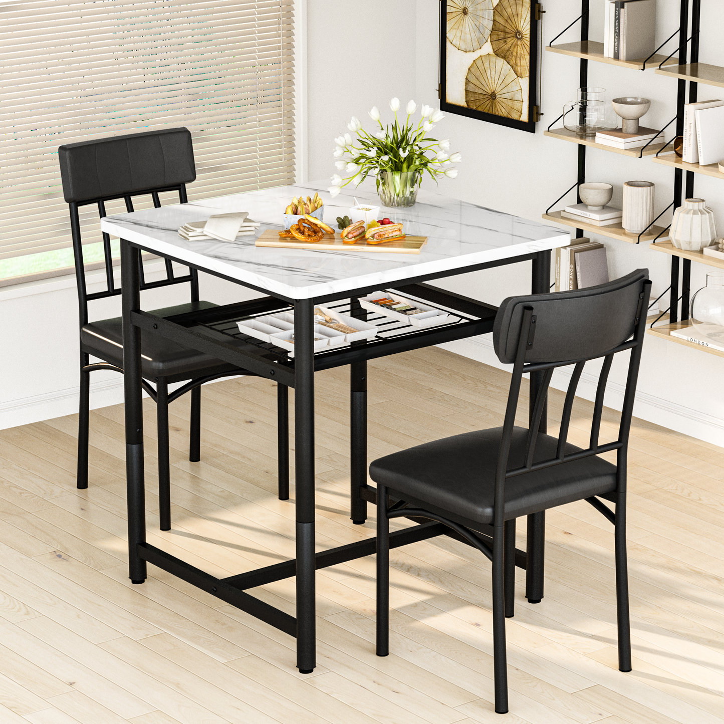 MIERES Square Dining Table Set for 2,Compact Bistro Table with Upholstered Chairs, Space Saving Kitchen Breakfast Nook, Built-in Storage Rack 3-Piece Modern Dining Set for Kitchen&Dining