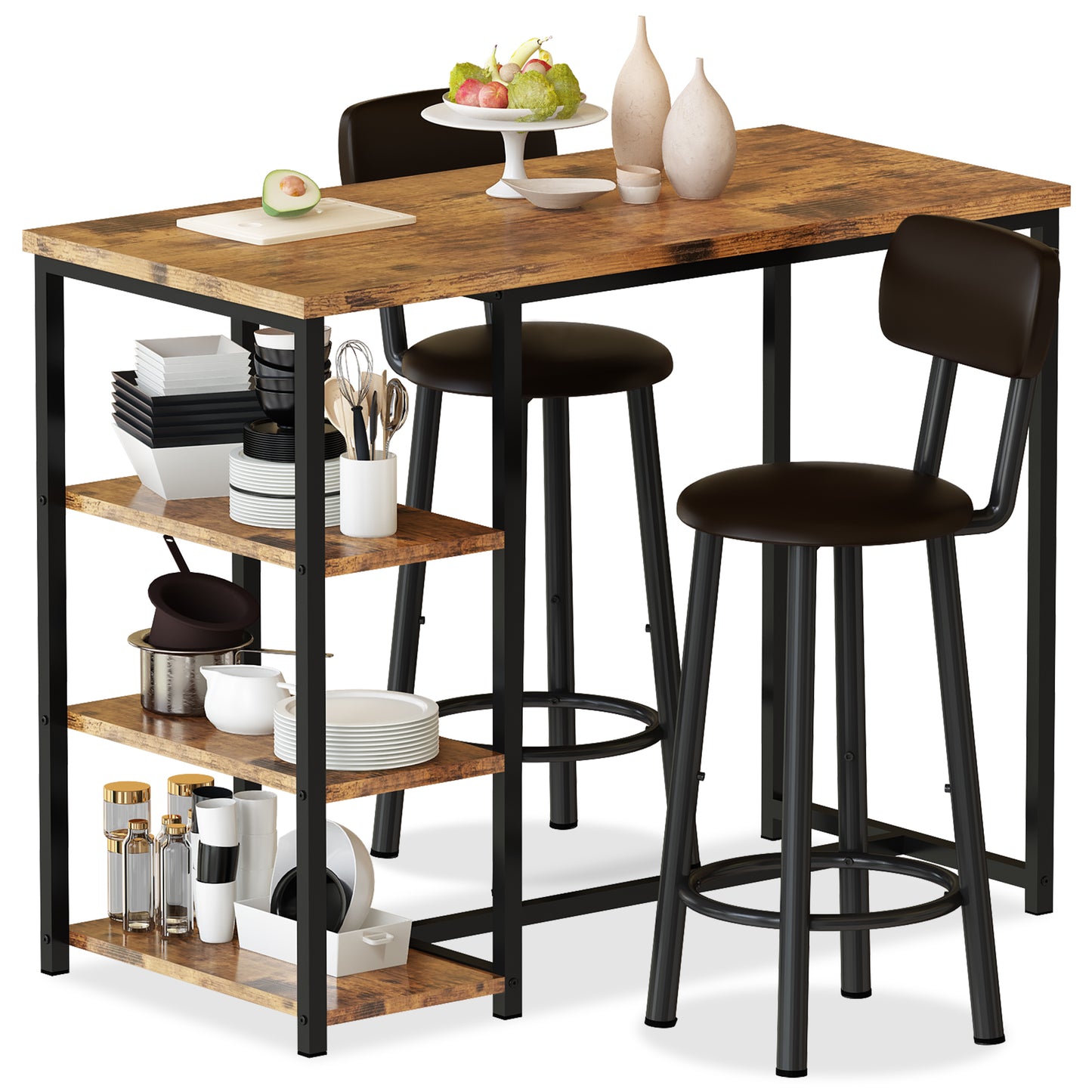MIERES 2-Person Dining Set, 3-Piece Bar Table and Chair Set, Kitchen Counter-Height Dining Table Set, Compact Kitchen Dining Table with Storage, Small Space Breakfast Set
