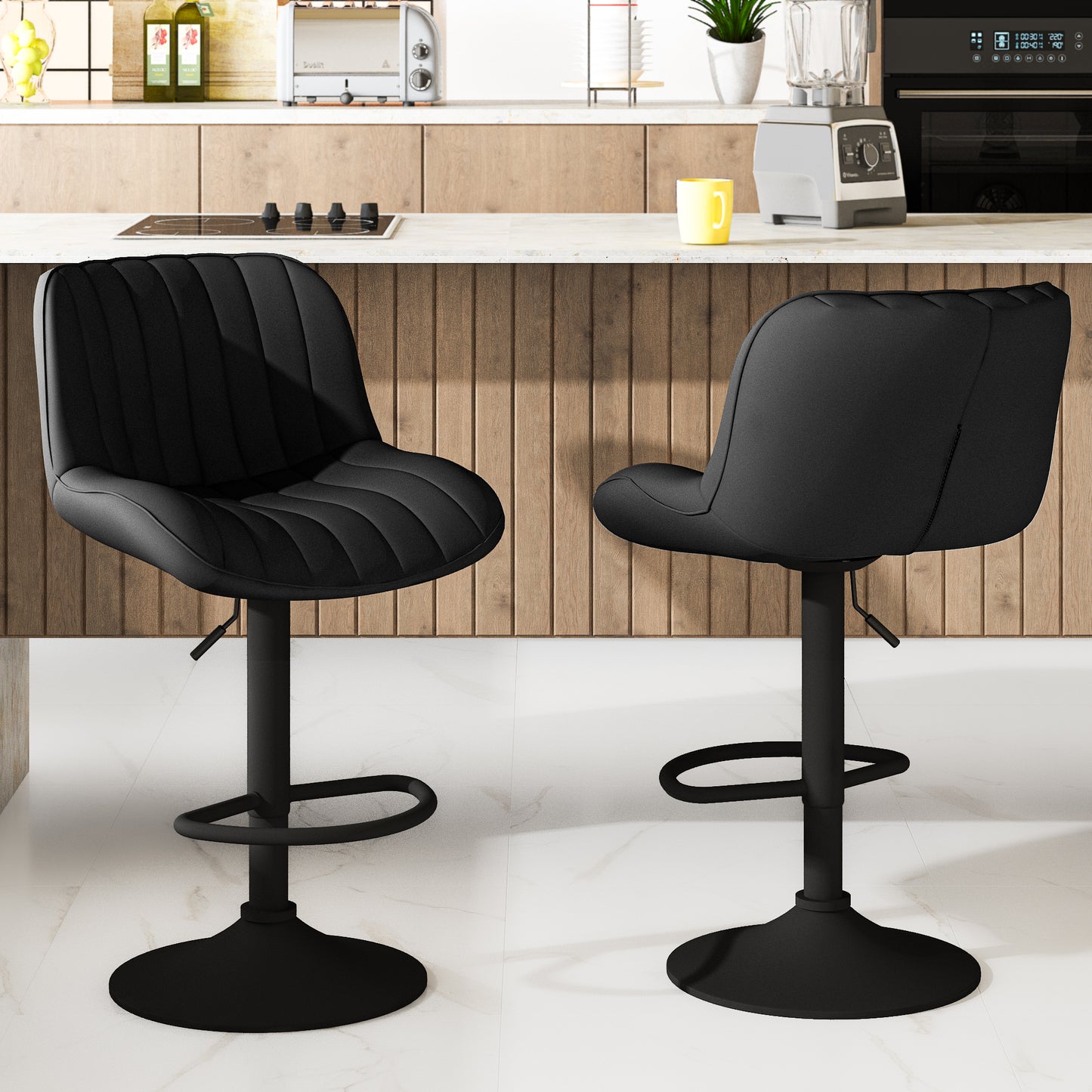 MIERES Modern Bar Stool Set of 2, Adjustable Faux Leather Upholstered Swivel Counter Stools, Counter Height Barstools with Back for Kitchen Island Design Furniture