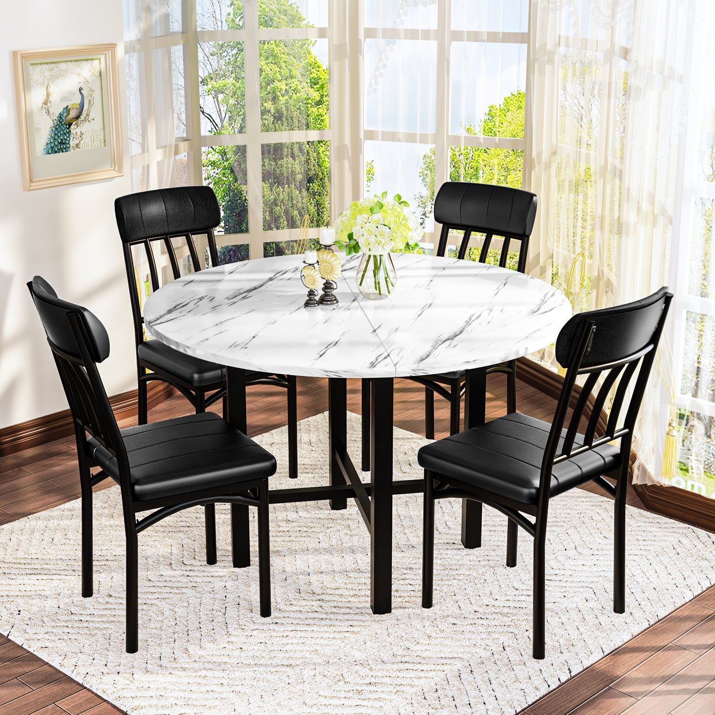 MIERES Round Dining Table Set for 4,Round Kitchen Table and Chairs Set for 4,Modern Dining Room Table Set with 4 Faux Leather Chairs,Round Dinner Table for Small Space,Walnut