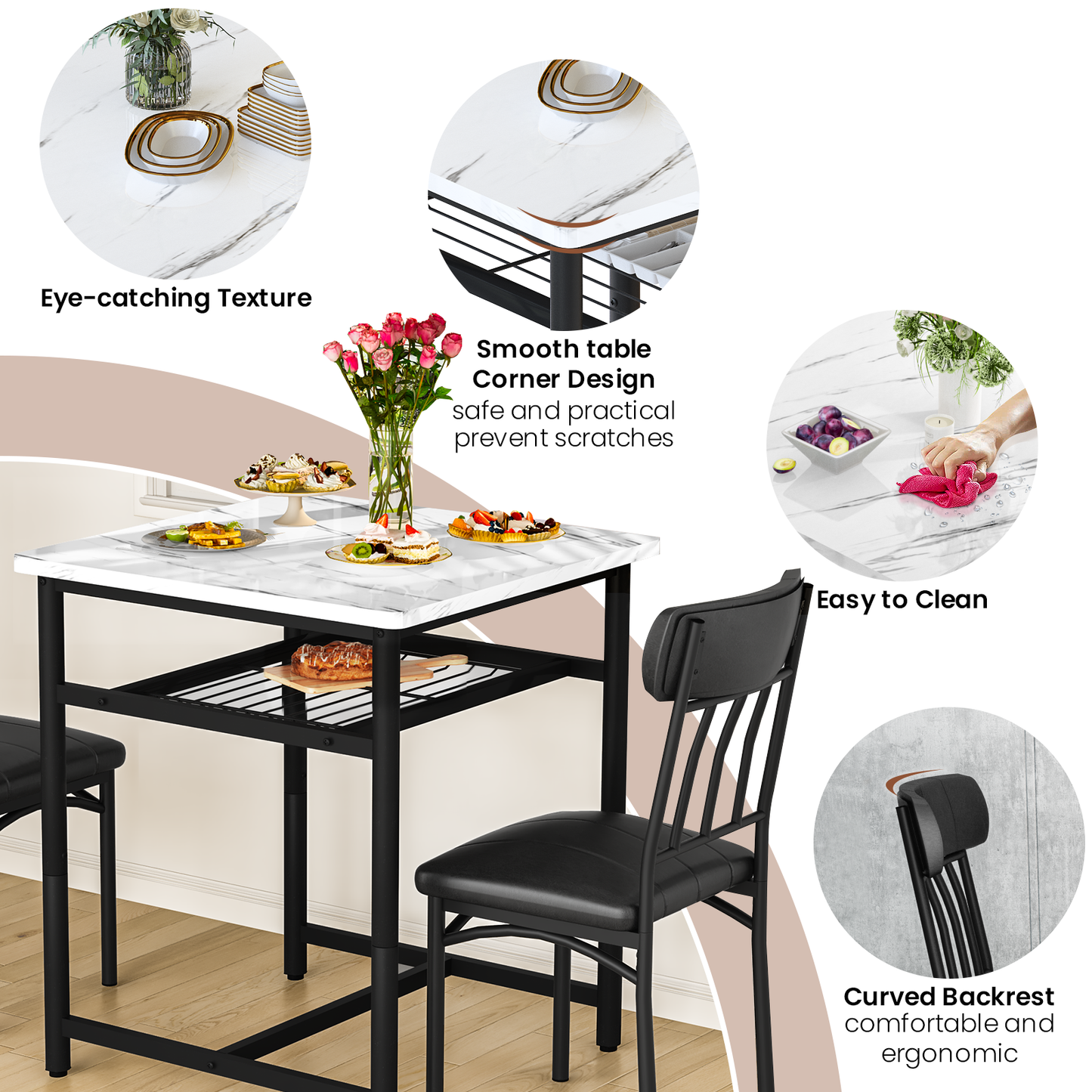 MIERES Square Dining Table Set for 2,Compact Bistro Table with Upholstered Chairs, Space Saving Kitchen Breakfast Nook, Built-in Storage Rack 3-Piece Modern Dining Set for Kitchen&Dining