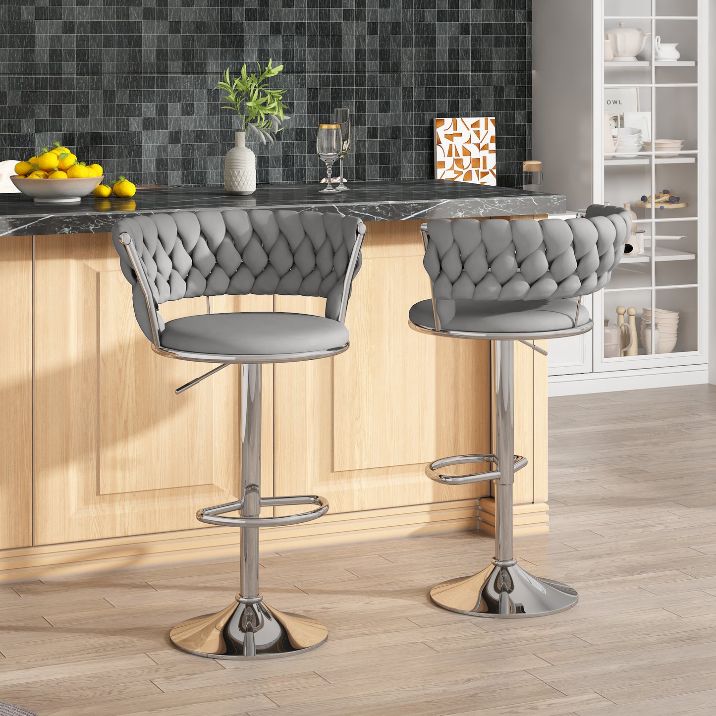 MIERES Backrest Hollow Bar Chair Set of 2/4, Adjustable Height Swivel Pub Chairs with Woven Back, Counter Height Dining Chairs with Footrest, 360° Rotating Kitchen Island Stools for Home & Bar