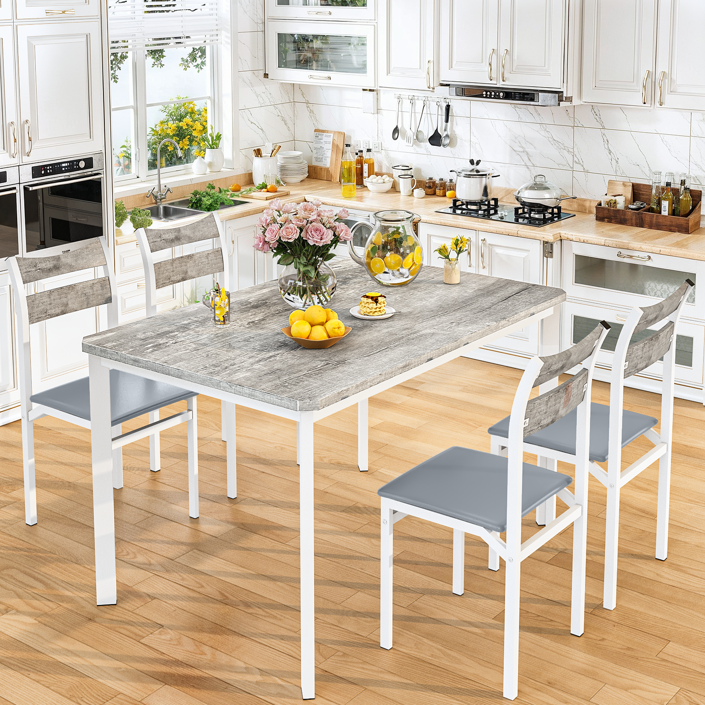 MIERES 5-Piece 4-Person Dining Set, Gray-White Wood-Grain Kitchen Dining Set with PU Leather Upholstered Chairs, Modern Wooden Kitchen Dining Set - Gray