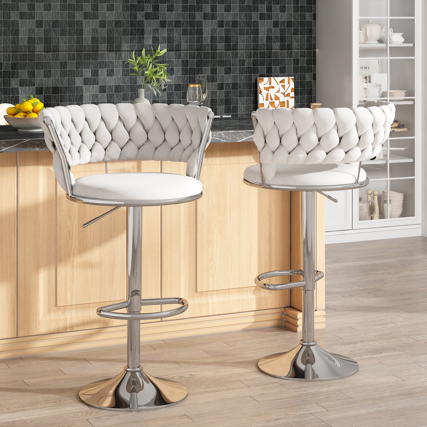 MIERES Backrest Hollow Bar Chair Set of 2/4, Adjustable Height Swivel Pub Chairs with Woven Back, Counter Height Dining Chairs with Footrest, 360° Rotating Kitchen Island Stools for Home & Bar