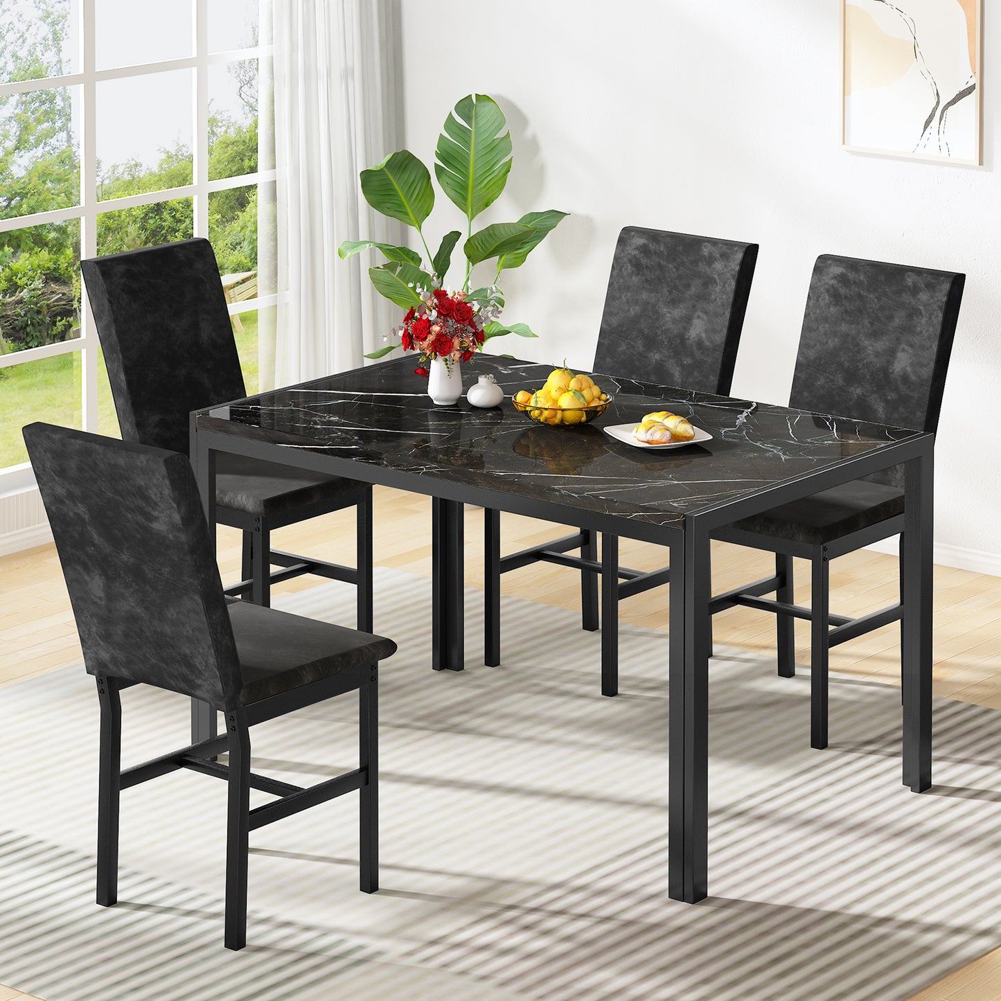 MIERES Products 5-Piece Marble Dining Set, Modern Kitchen Table and Chairs for Dining Room, Compact Space Saving Furniture, Dinette, 4 Upholstered Velvet Chairs