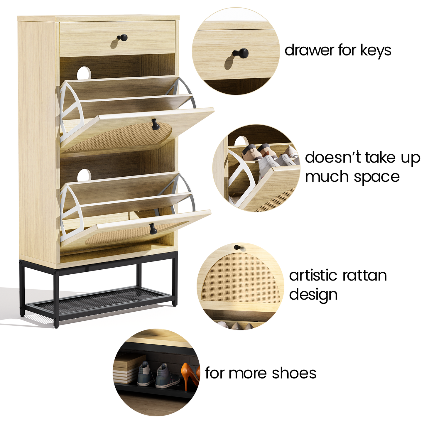 MIERES Natural Rattan Shoe Cabinet with 2 Flip Drawers and 1 Pull Drawer, Slim Shoe Storage Cabinet Entrance Hallway Free Standing Shoe Rack with Metal Frame for Sneaker, Sandal, Boot, Slipper