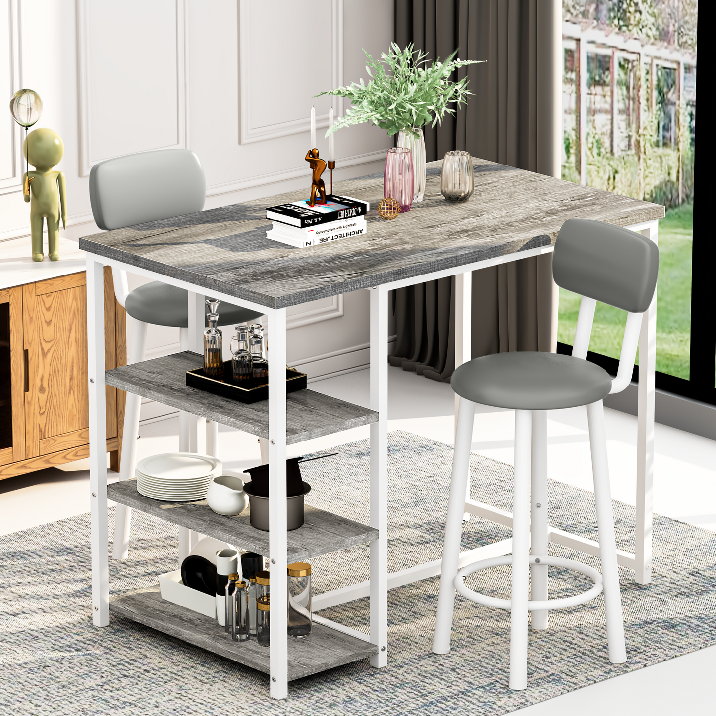 MIERES 2-Person Dining Set, 3-Piece Bar Table and Chair Set, Kitchen Counter-Height Dining Table Set, Compact Kitchen Dining Table with Storage, Small Space Breakfast Set