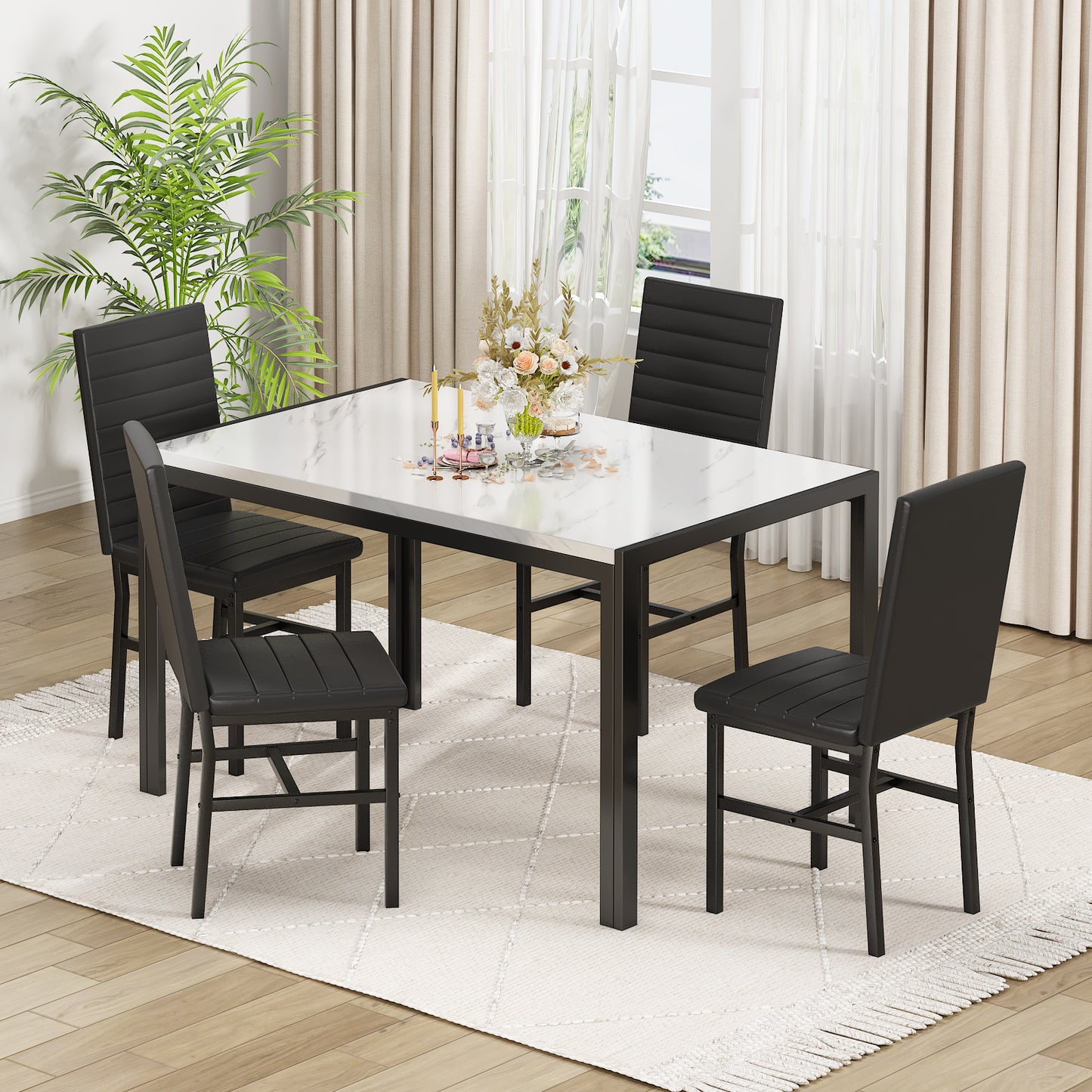 MIERES 4-Piece Dining Table Set for 4 - Faux Marble Kitchen Table with 4 PU Leather Chairs, Metal Frame, Easy Assembly, Small Space Friendly, Modern White & Black Dining Room Set
