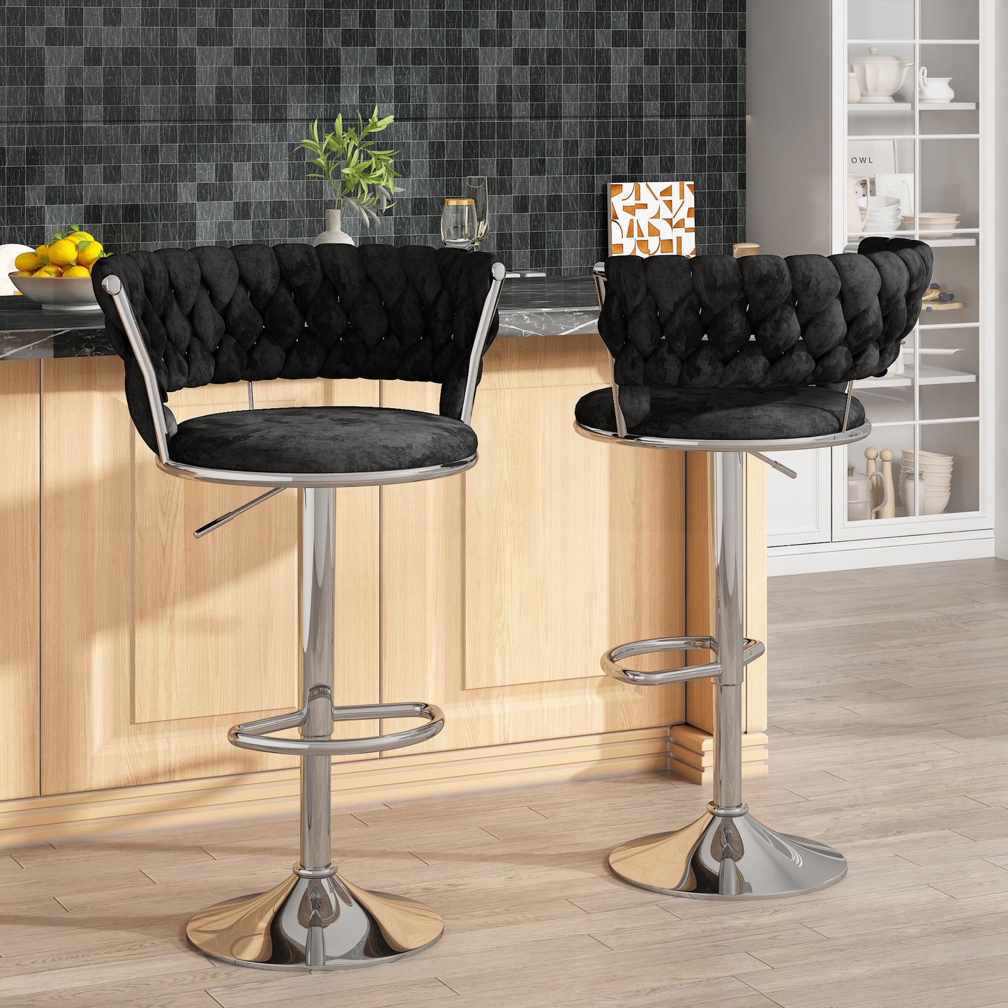 MIERES Backrest Hollow Bar Chair Set of 2/4, Adjustable Height Swivel Pub Chairs with Woven Back, Counter Height Dining Chairs with Footrest, 360° Rotating Kitchen Island Stools for Home & Bar