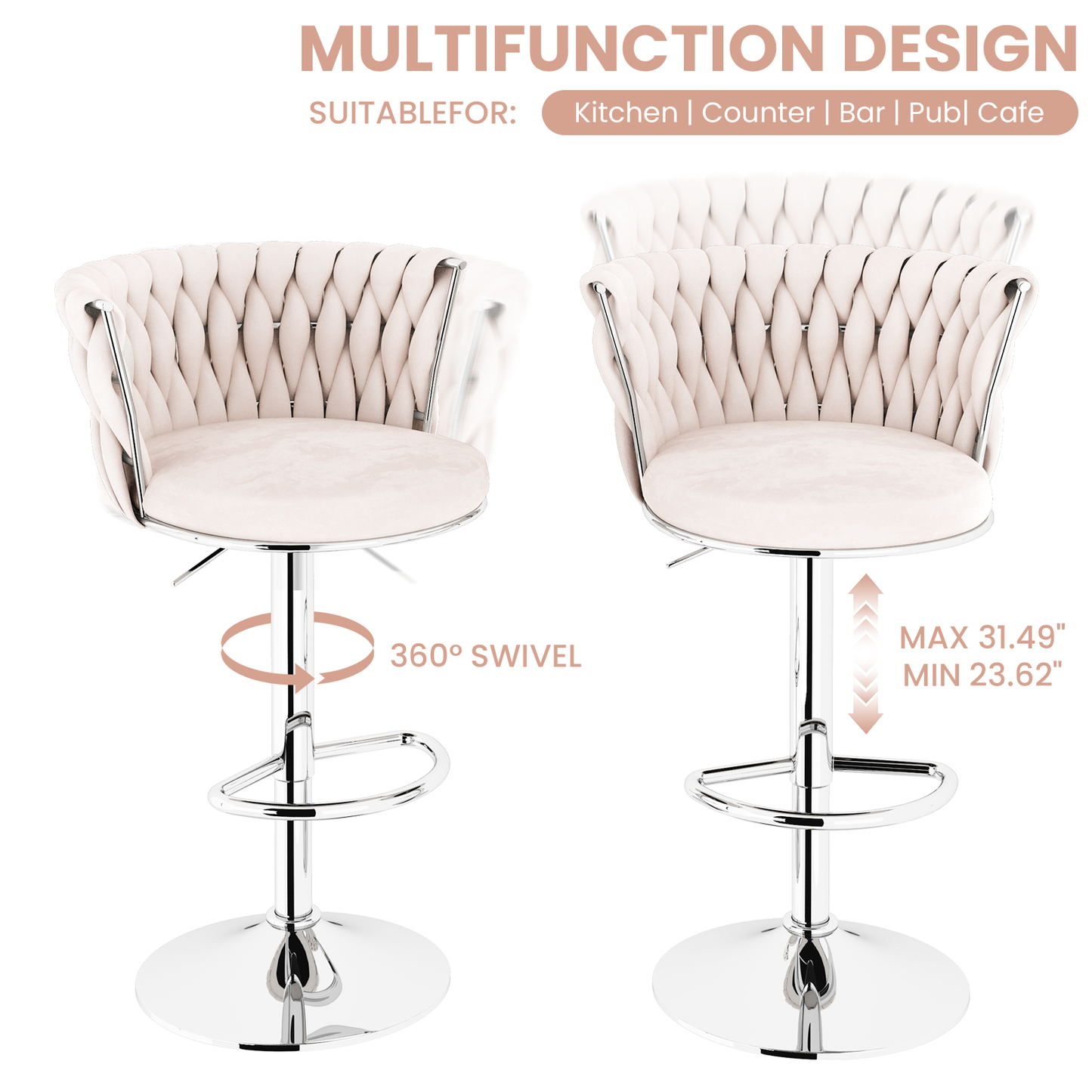 Mieres Velvet Bar Stools Set of 2/4, Adjustable Height Swivel Pub Chairs with Woven Back, Counter Height Dining Chairs with Footrest, 360° Rotating Kitchen Island Stools for Home & Bar