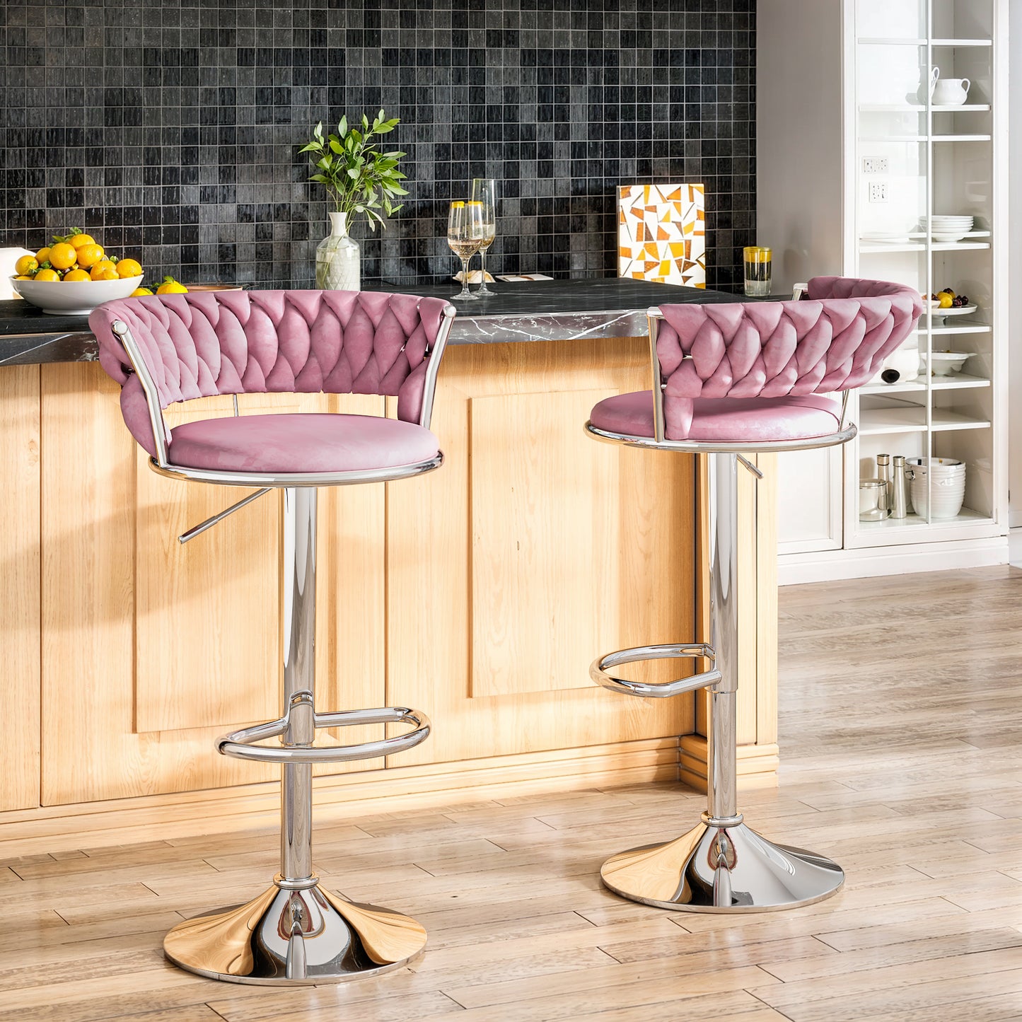 MIERES Backrest Hollow Bar Chair Set of 2/4, Adjustable Height Swivel Pub Chairs with Woven Back, Counter Height Dining Chairs with Footrest, 360° Rotating Kitchen Island Stools for Home & Bar