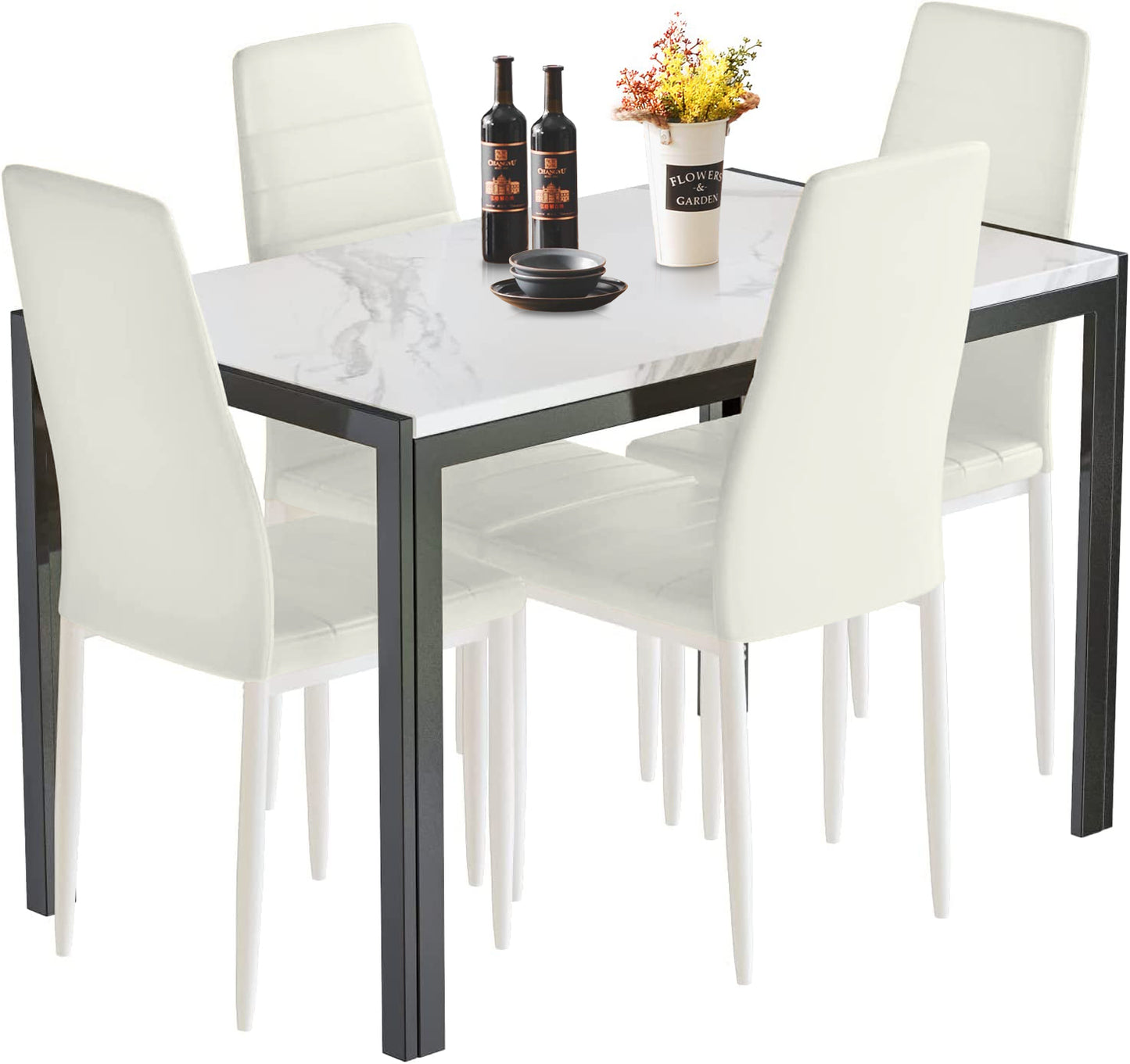 MIERES 4-Piece Dining Table Set for 4 - Faux Marble Kitchen Table with 4 PU Leather Chairs, Metal Frame, Easy Assembly, Small Space Friendly, Modern White & Black Dining Room Set