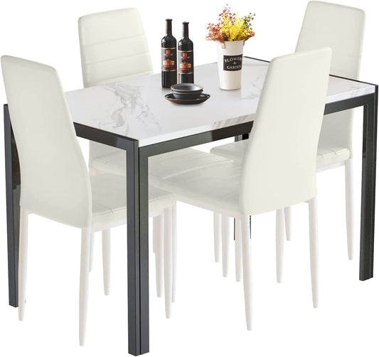 MIERES 4-Piece Dining Table Set for 4 - Faux Marble Kitchen Table with 4 PU Leather Chairs, Metal Frame, Easy Assembly, Small Space Friendly, Modern White & Black Dining Room Set