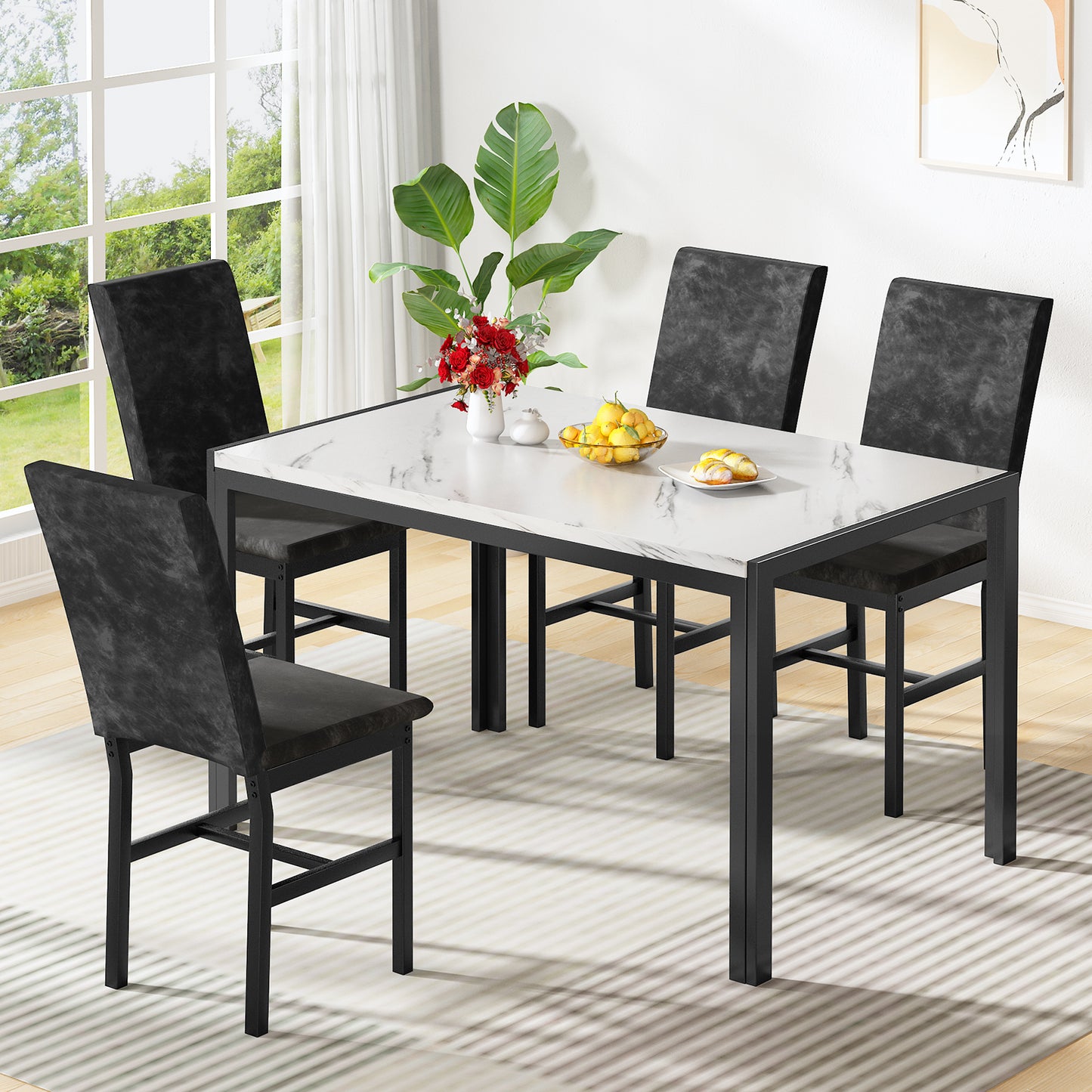 MIERES Products 5-Piece Marble Dining Set, Modern Kitchen Table and Chairs for Dining Room, Compact Space Saving Furniture, Dinette, 4 Upholstered Velvet Chairs