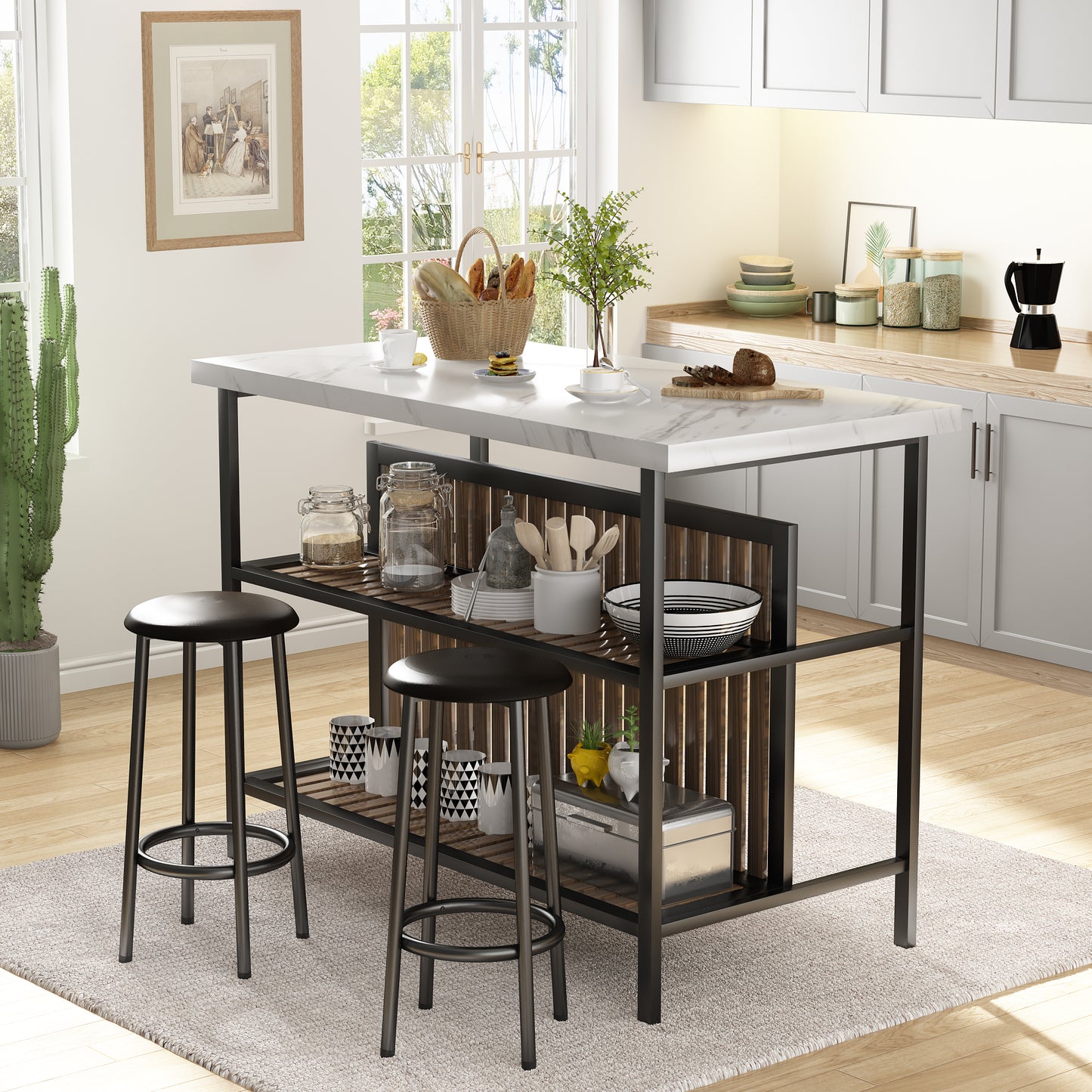 MIERES 48in Dining Table for 4-6, Dining Leisure Table with Storage Shelves, 1.8" Thick Top, Scratch-Resistant, Natural Wood Finish, Multi-Use for Dining Room Kitchen Office, Wood Finish