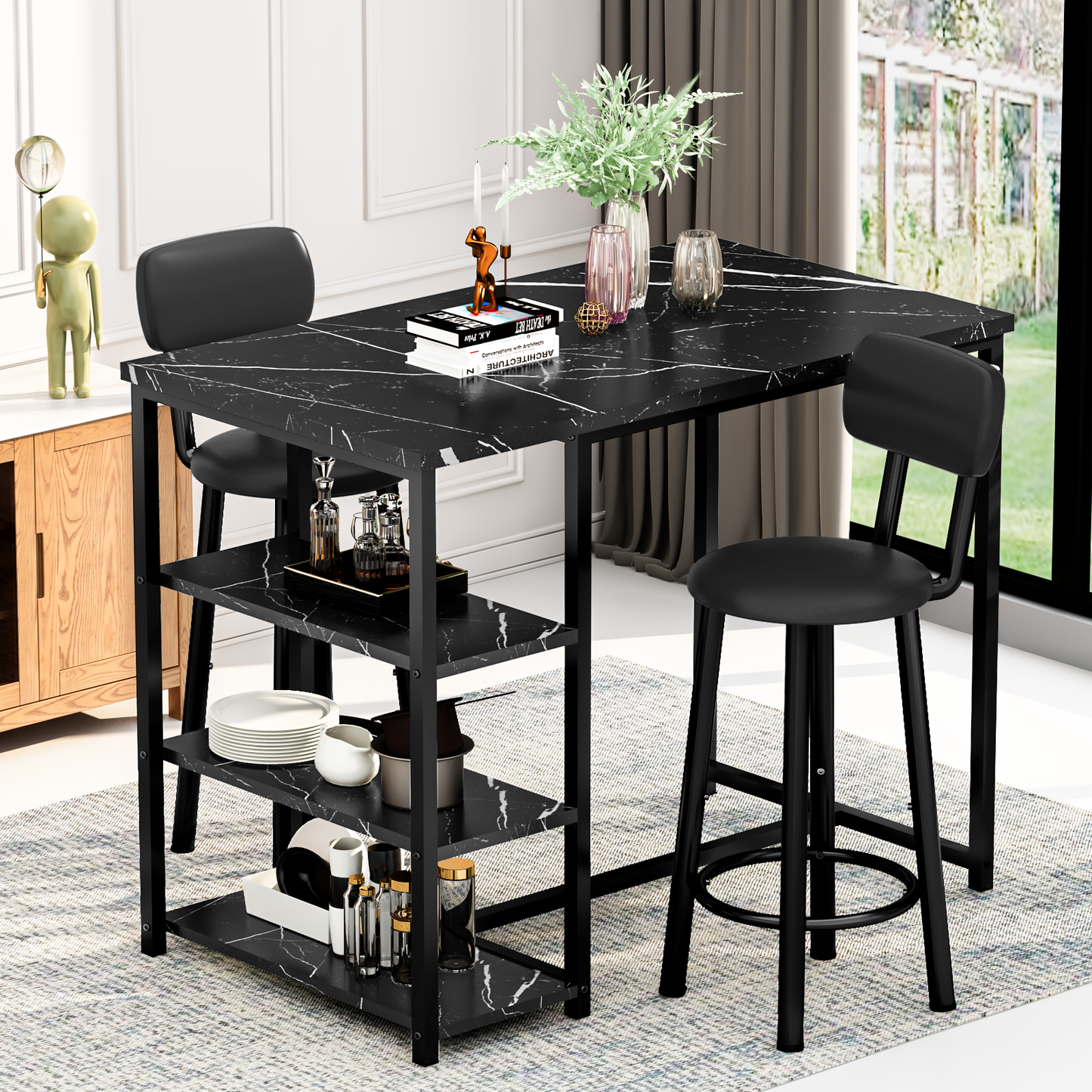 MIERES 2-Person Dining Set, 3-Piece Bar Table and Chair Set, Kitchen Counter-Height Dining Table Set, Compact Kitchen Dining Table with Storage, Small Space Breakfast Set