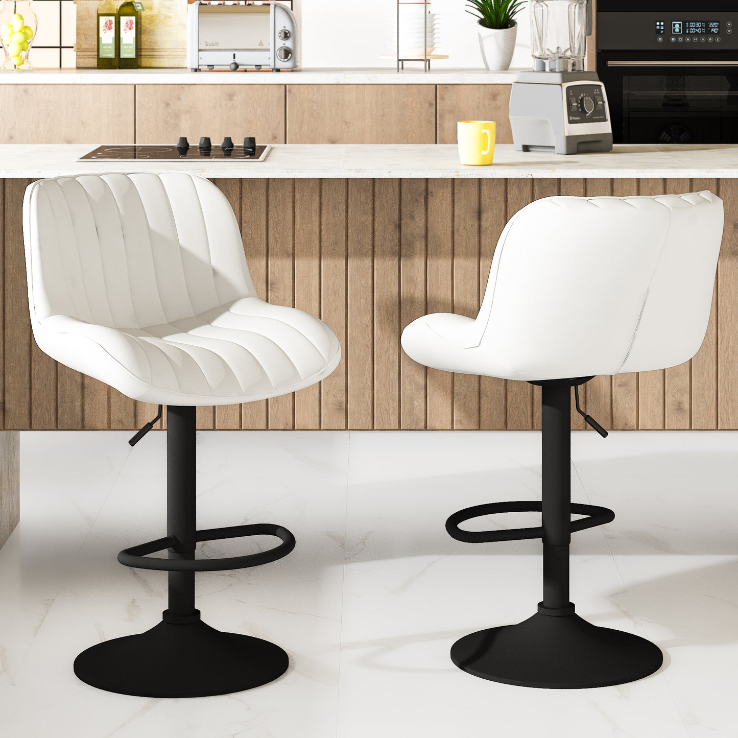 MIERES Modern Bar Stool Set of 2, Adjustable Faux Leather Upholstered Swivel Counter Stools, Counter Height Barstools with Back for Kitchen Island Design Furniture