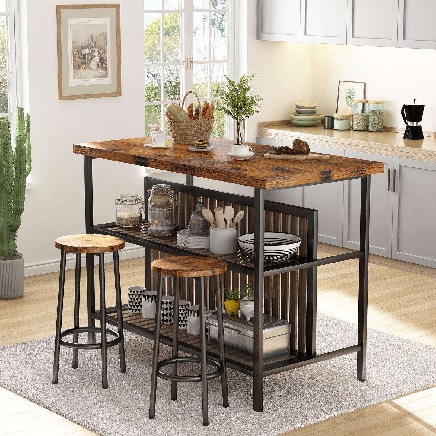 MIERES 48in Dining Table for 4-6, Dining Leisure Table with Storage Shelves, 1.8" Thick Top, Scratch-Resistant, Natural Wood Finish, Multi-Use for Dining Room Kitchen Office, Wood Finish