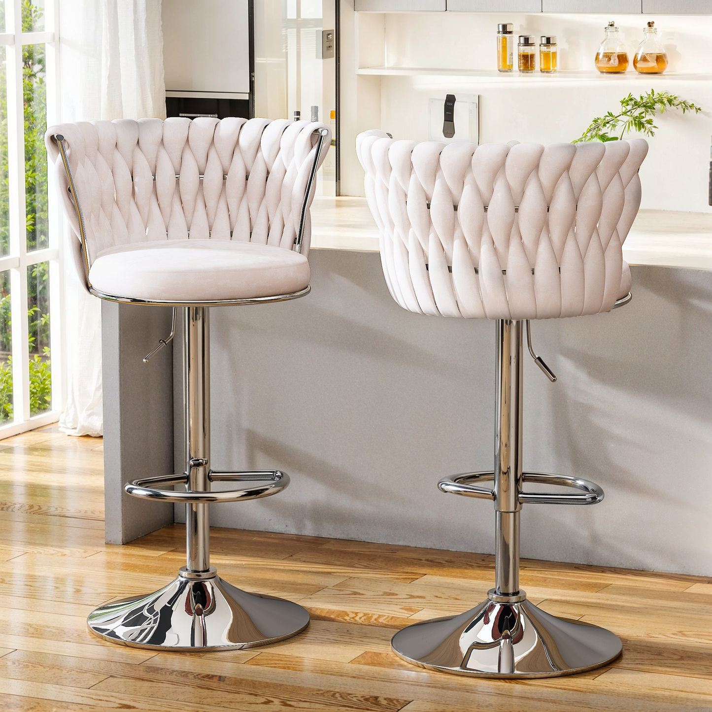 Mieres Velvet Bar Stools Set of 2/4, Adjustable Height Swivel Pub Chairs with Woven Back, Counter Height Dining Chairs with Footrest, 360° Rotating Kitchen Island Stools for Home & Bar