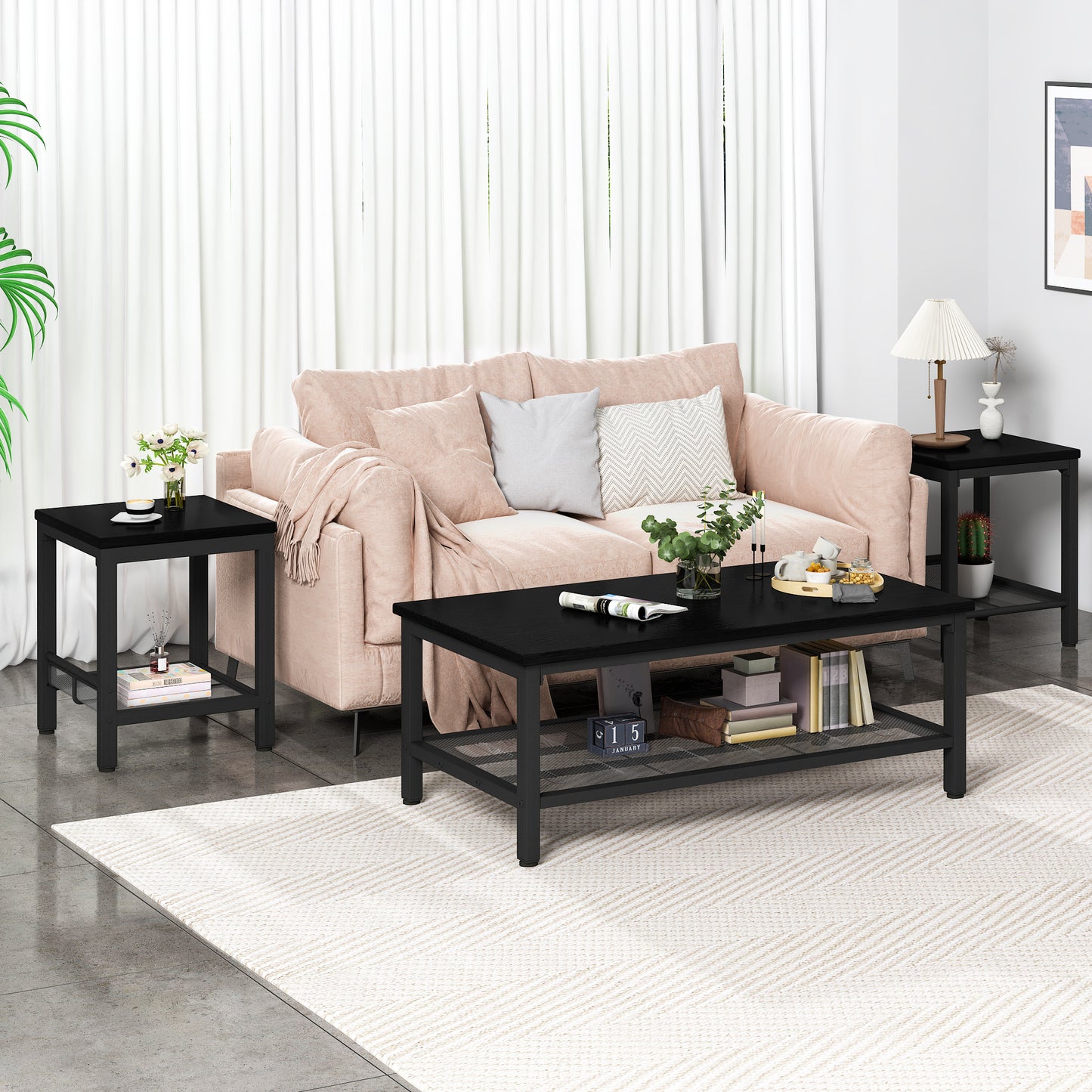 MIERES 3 Pieces Living Room Table Set,Industrial Coffee Table with 2 Square End Side Tables,Coffee Table Set with Metal Frame for Apartment Home Office
