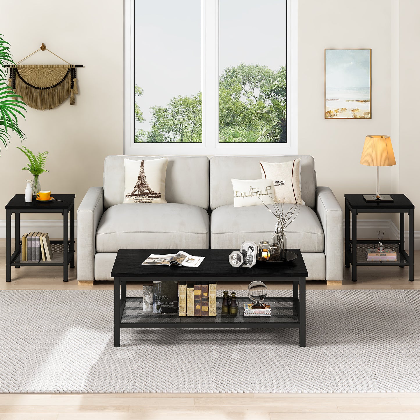 MIERES 3 Pieces Living Room Table Set,Industrial Coffee Table with 2 Square End Side Tables,Coffee Table Set with Metal Frame for Apartment Home Office