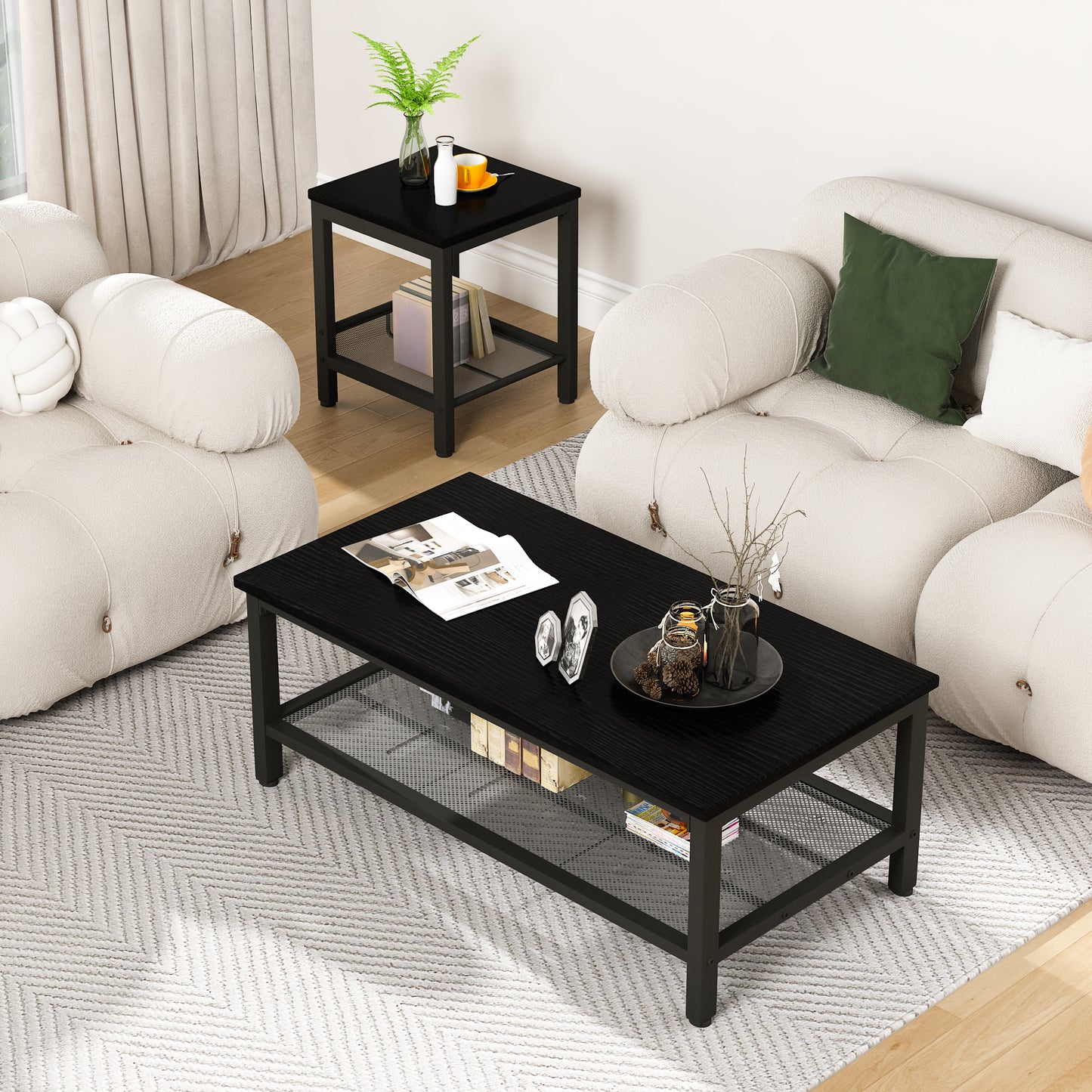MIERES 3 Pieces Living Room Table Set,Industrial Coffee Table with 2 Square End Side Tables,Coffee Table Set with Metal Frame for Apartment Home Office