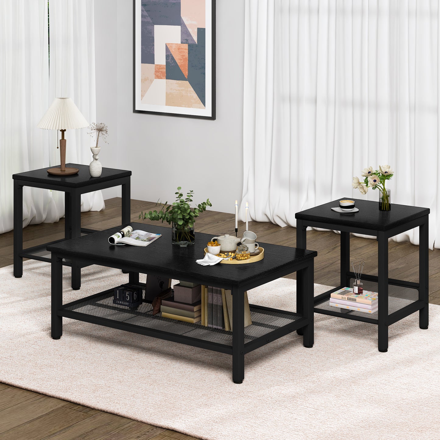 MIERES 3 Pieces Living Room Table Set,Industrial Coffee Table with 2 Square End Side Tables,Coffee Table Set with Metal Frame for Apartment Home Office