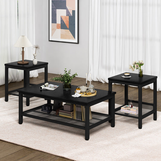 MIERES 3 Pieces Living Room Table Set,Industrial Coffee Table with 2 Square End Side Tables,Coffee Table Set with Metal Frame for Apartment Home Office