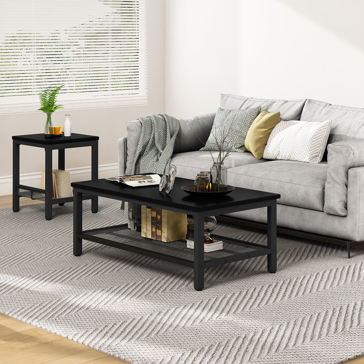 MIERES 3 Pieces Living Room Table Set,Industrial Coffee Table with 2 Square End Side Tables,Coffee Table Set with Metal Frame for Apartment Home Office