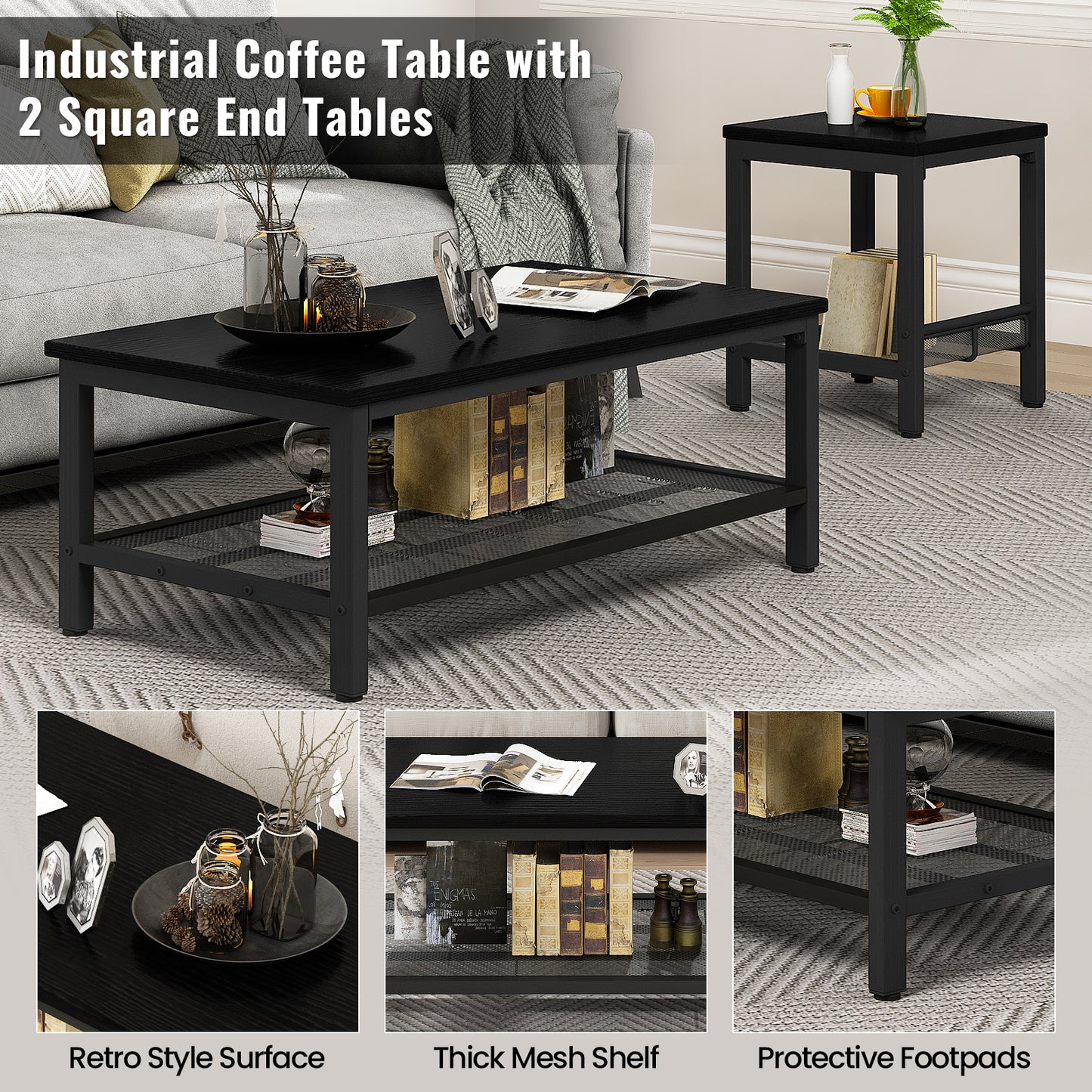 MIERES 3 Pieces Living Room Table Set,Industrial Coffee Table with 2 Square End Side Tables,Coffee Table Set with Metal Frame for Apartment Home Office