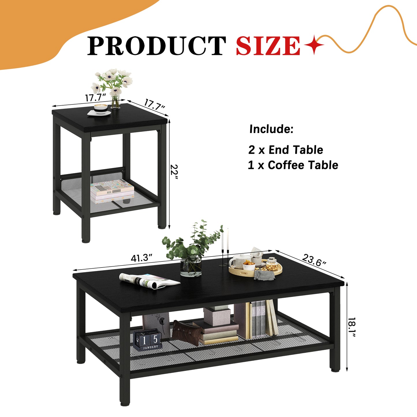 MIERES 3 Pieces Living Room Table Set,Industrial Coffee Table with 2 Square End Side Tables,Coffee Table Set with Metal Frame for Apartment Home Office