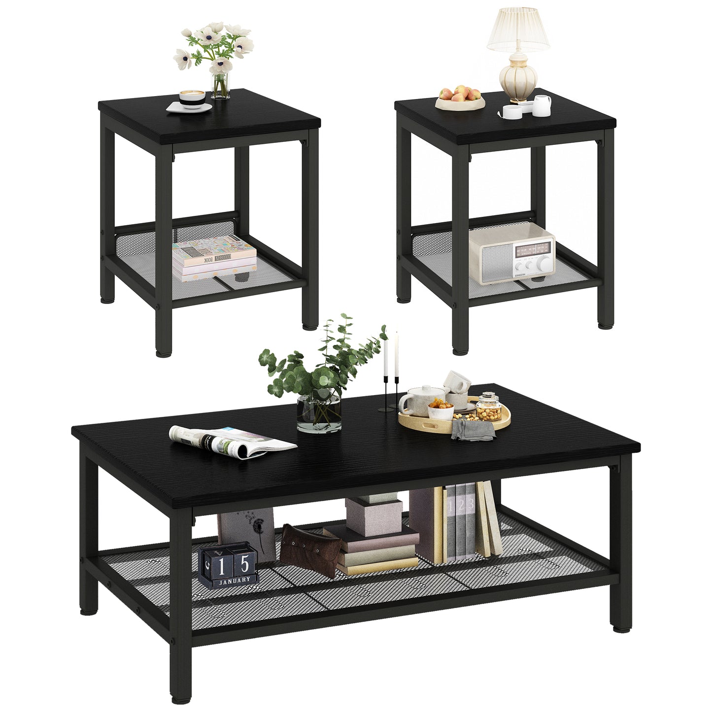 MIERES 3 Pieces Living Room Table Set,Industrial Coffee Table with 2 Square End Side Tables,Coffee Table Set with Metal Frame for Apartment Home Office