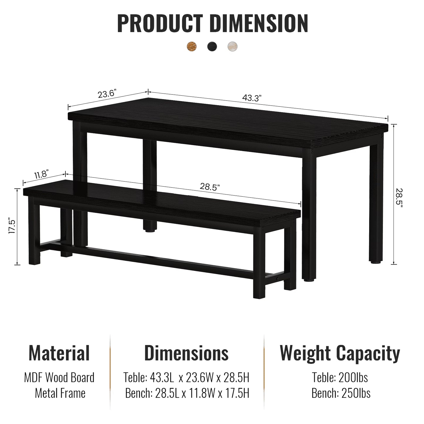 MIERES Kitchen Dining Set: Rectangular solid wood dining table with two benches, suitable for 2 to 4 people, small dining set, black