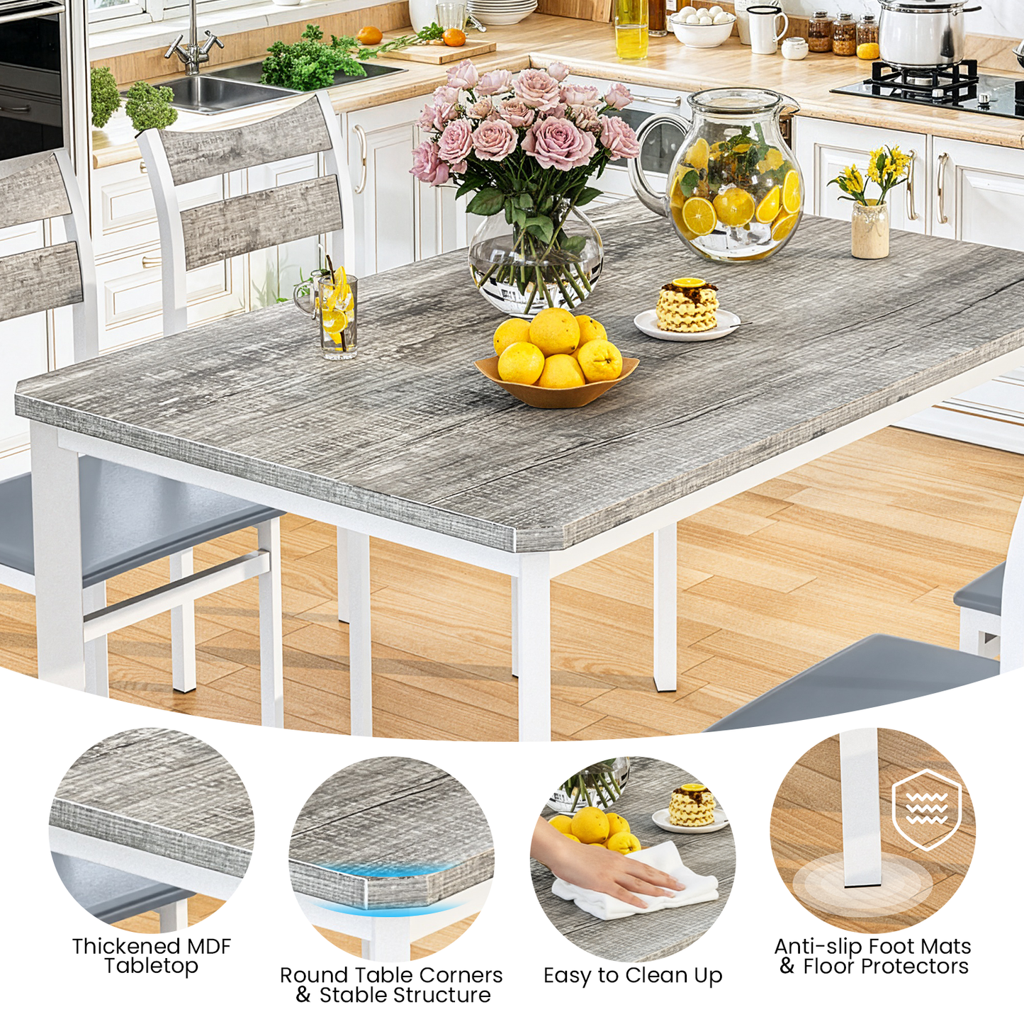 MIERES 5-Piece 4-Person Dining Set, Gray-White Wood-Grain Kitchen Dining Set with PU Leather Upholstered Chairs, Modern Wooden Kitchen Dining Set - Gray