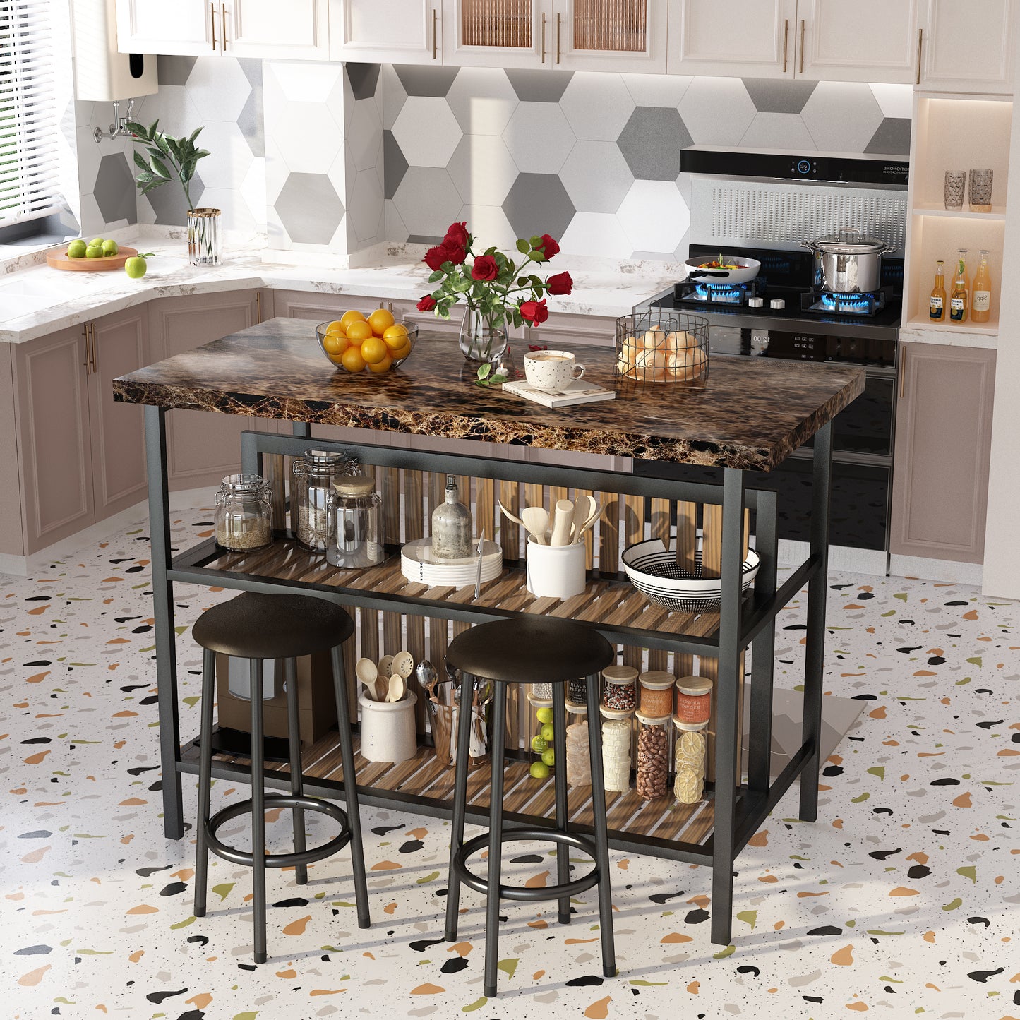 MIERES 48in Dining Table for 4-6, Dining Leisure Table with Storage Shelves, 1.8" Thick Top, Scratch-Resistant, Natural Wood Finish, Multi-Use for Dining Room Kitchen Office, Wood Finish