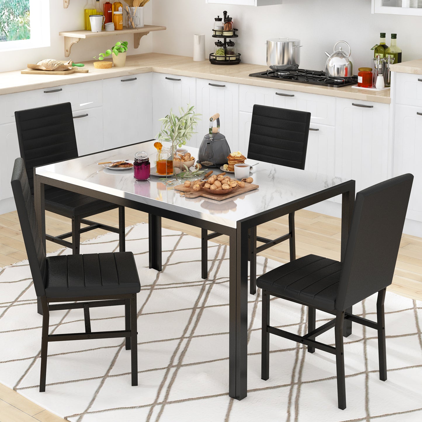 MIERES 4-Piece Dining Table Set for 4 - Faux Marble Kitchen Table with 4 PU Leather Chairs, Metal Frame, Easy Assembly, Small Space Friendly, Modern White & Black Dining Room Set