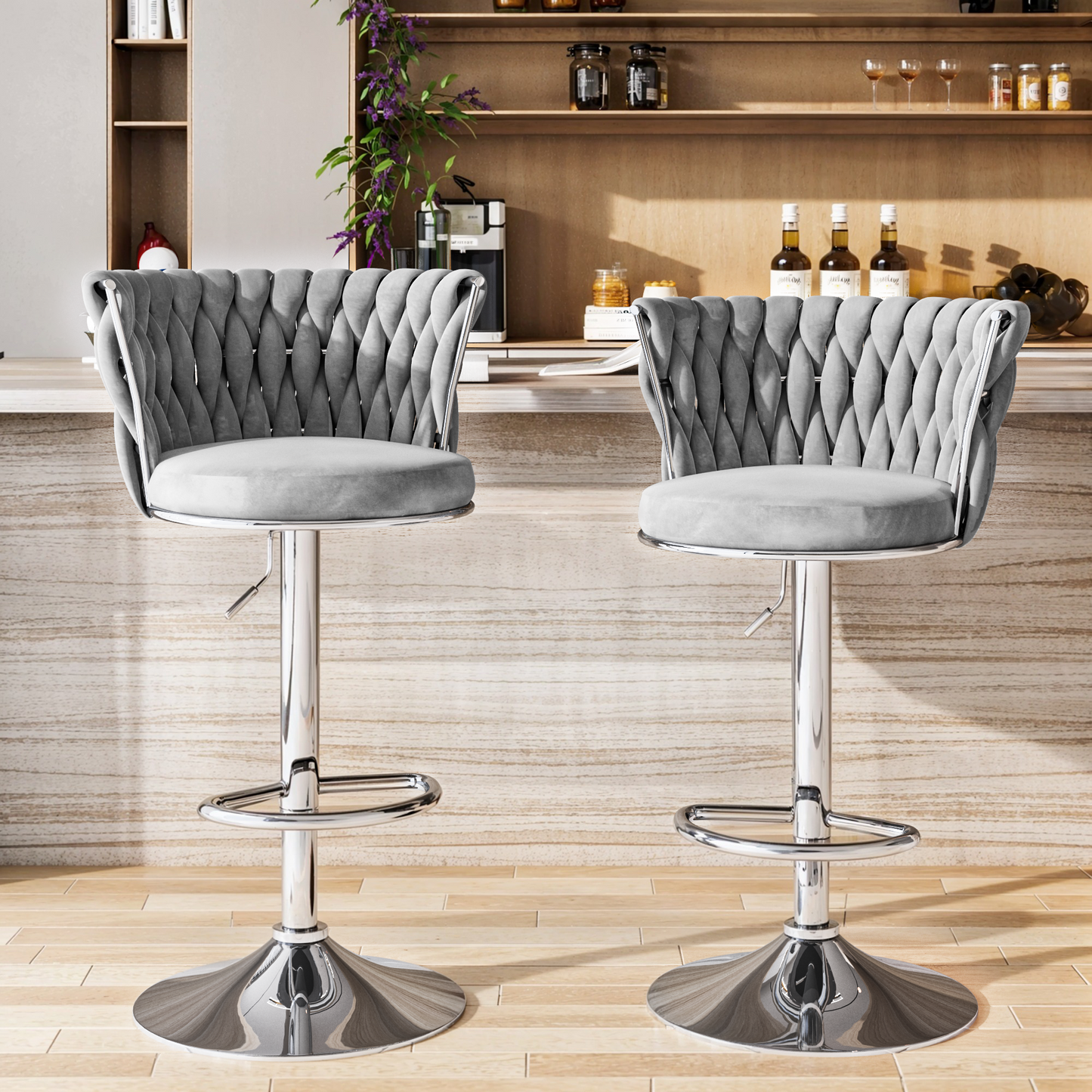 Mieres Velvet Bar Stools Set of 2/4, Adjustable Height Swivel Pub Chairs with Woven Back, Counter Height Dining Chairs with Footrest, 360° Rotating Kitchen Island Stools for Home & Bar