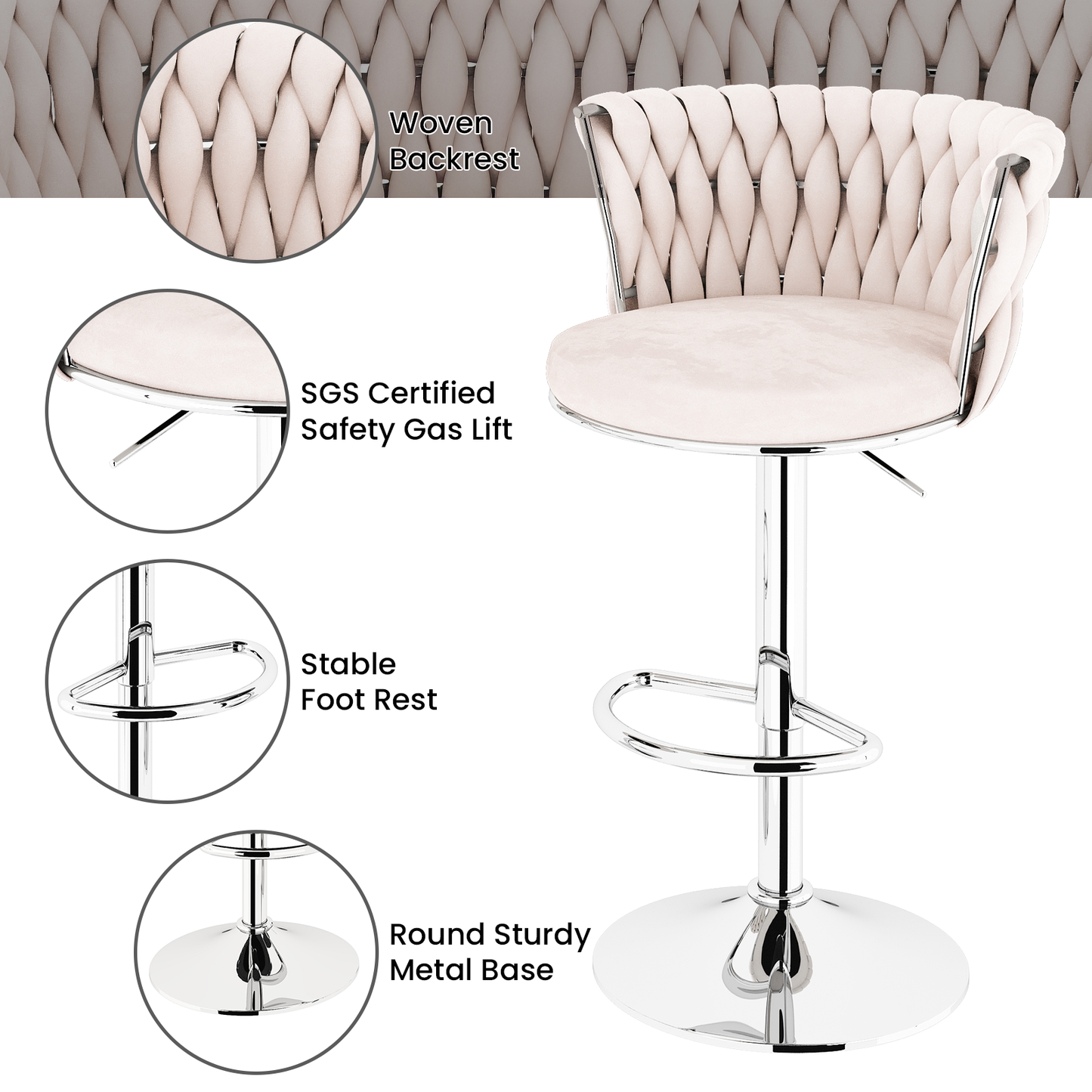 Mieres Velvet Bar Stools Set of 2/4, Adjustable Height Swivel Pub Chairs with Woven Back, Counter Height Dining Chairs with Footrest, 360° Rotating Kitchen Island Stools for Home & Bar