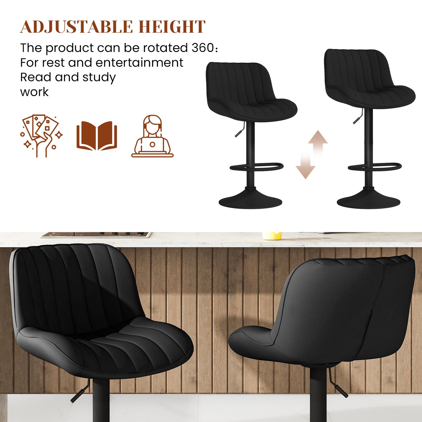 MIERES Modern Bar Stool Set of 2, Adjustable Faux Leather Upholstered Swivel Counter Stools, Counter Height Barstools with Back for Kitchen Island Design Furniture