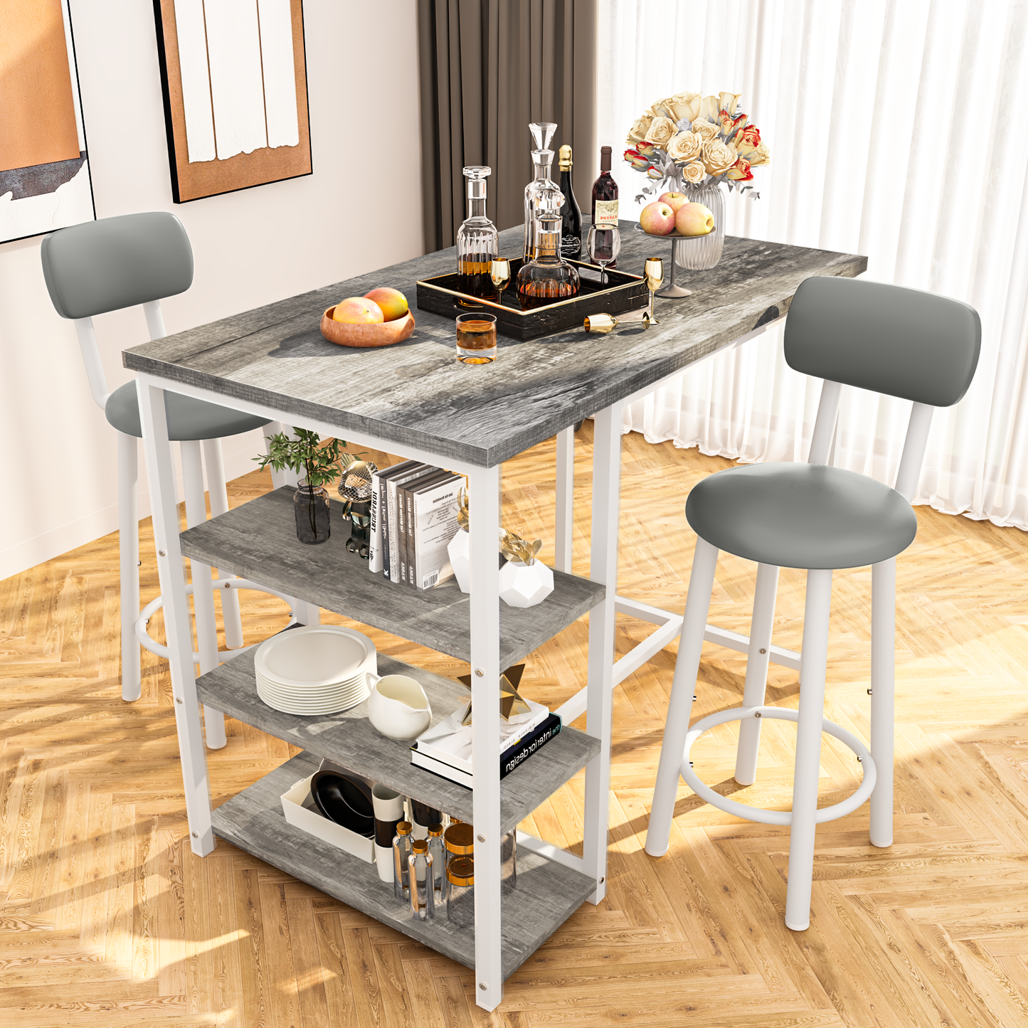 MIERES 2-Person Dining Set, 3-Piece Bar Table and Chair Set, Kitchen Counter-Height Dining Table Set, Compact Kitchen Dining Table with Storage, Small Space Breakfast Set
