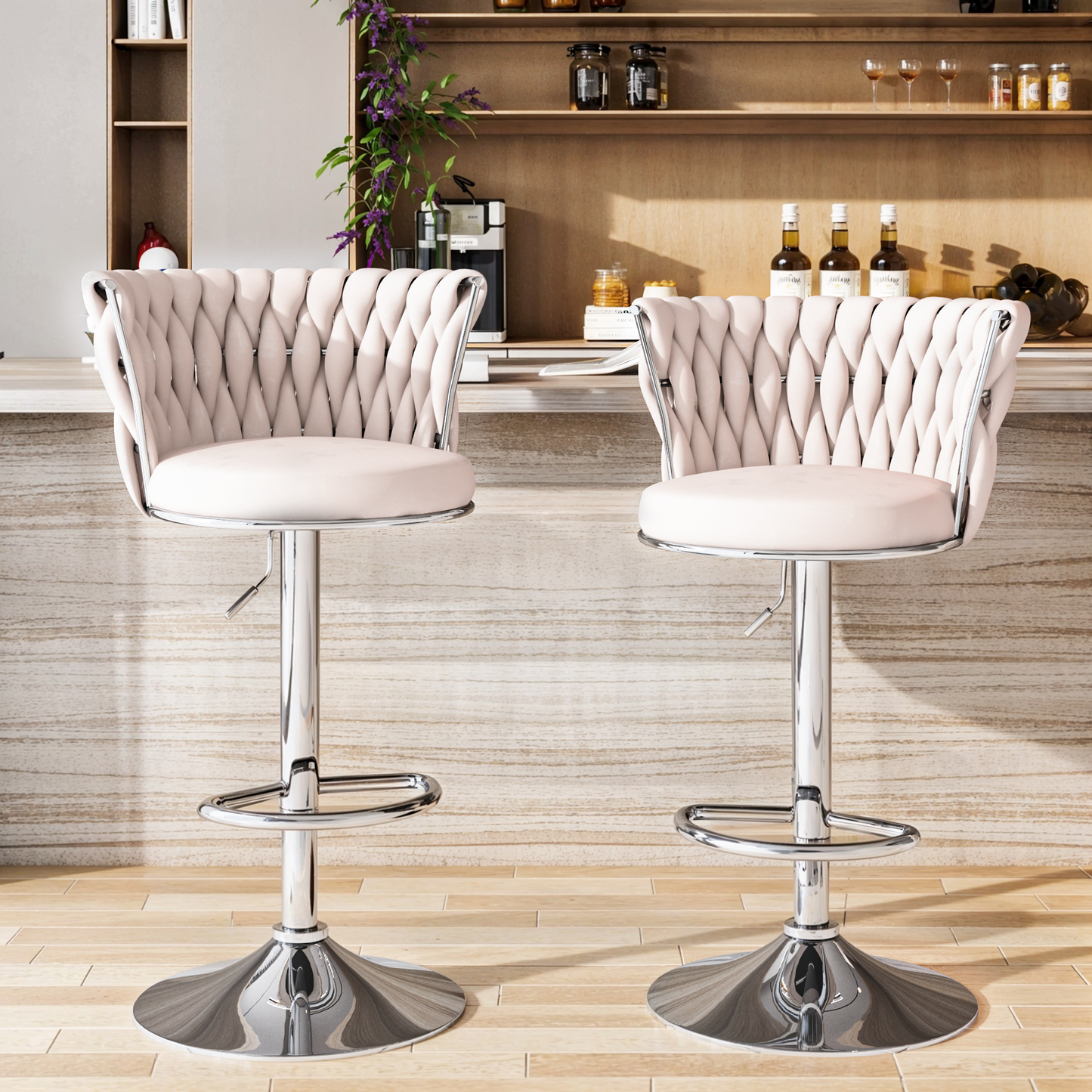 Mieres Velvet Bar Stools Set of 2/4, Adjustable Height Swivel Pub Chairs with Woven Back, Counter Height Dining Chairs with Footrest, 360° Rotating Kitchen Island Stools for Home & Bar