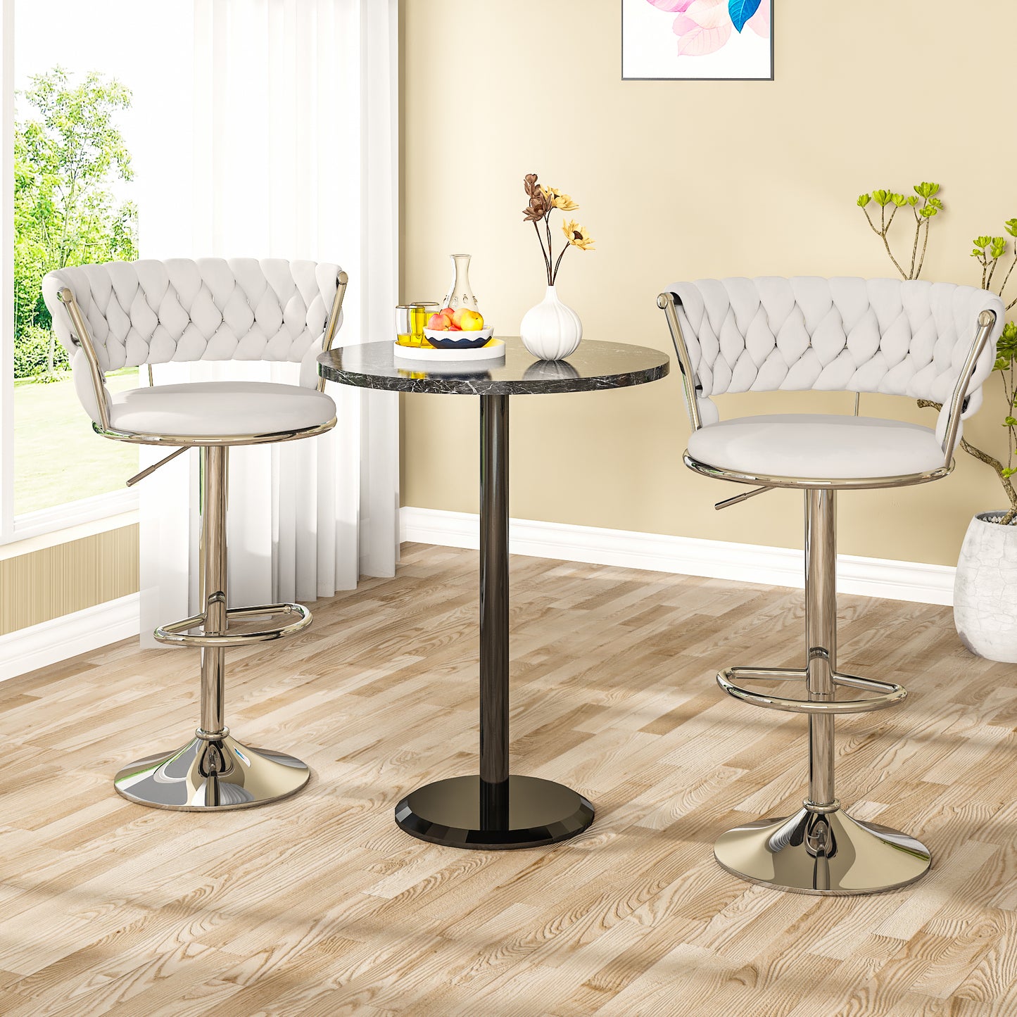 MIERES Backrest Hollow Bar Chair Set of 2/4, Adjustable Height Swivel Pub Chairs with Woven Back, Counter Height Dining Chairs with Footrest, 360° Rotating Kitchen Island Stools for Home & Bar