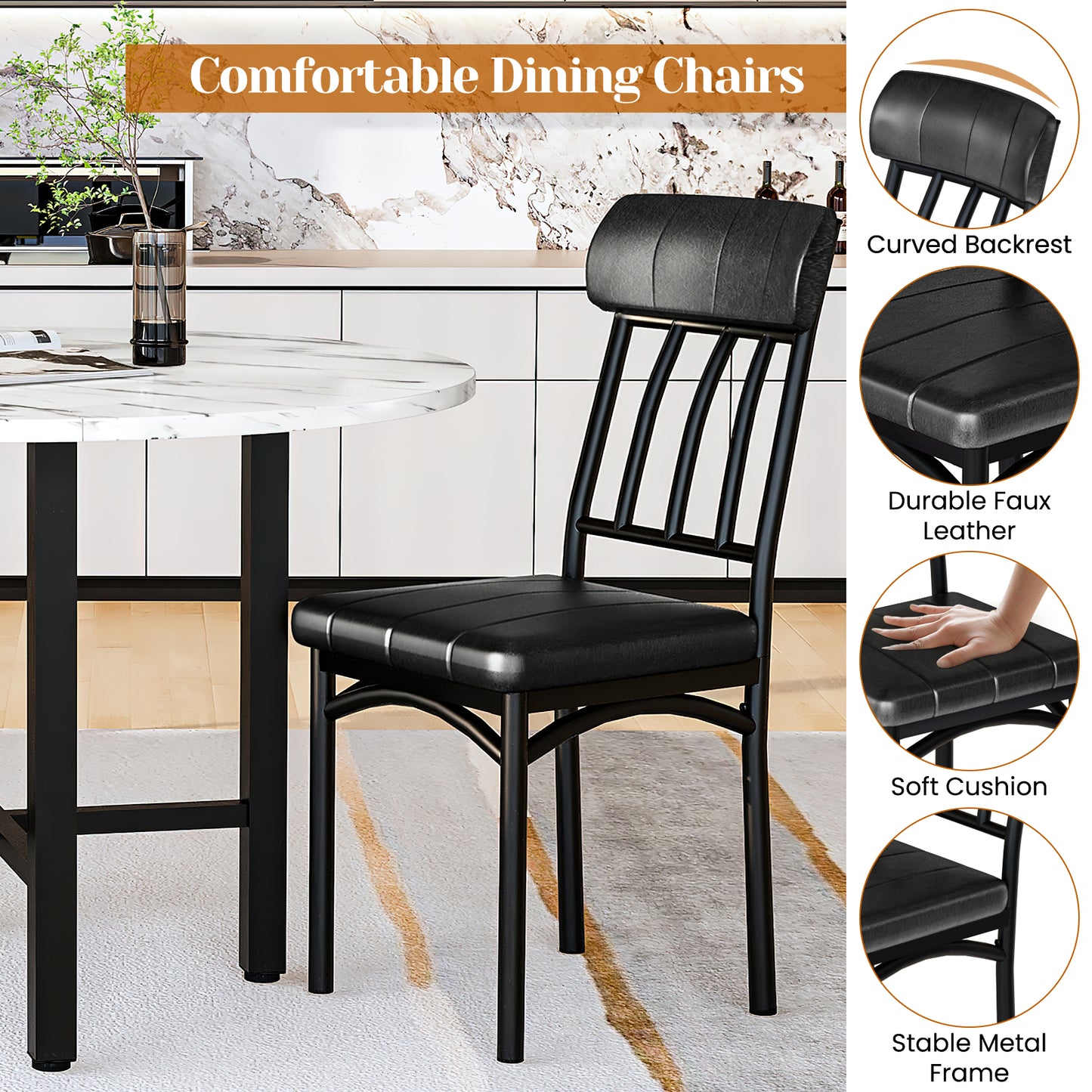 MIERES Round Dining Table Set for 4,Round Kitchen Table and Chairs Set for 4,Modern Dining Room Table Set with 4 Faux Leather Chairs,Round Dinner Table for Small Space,Walnut