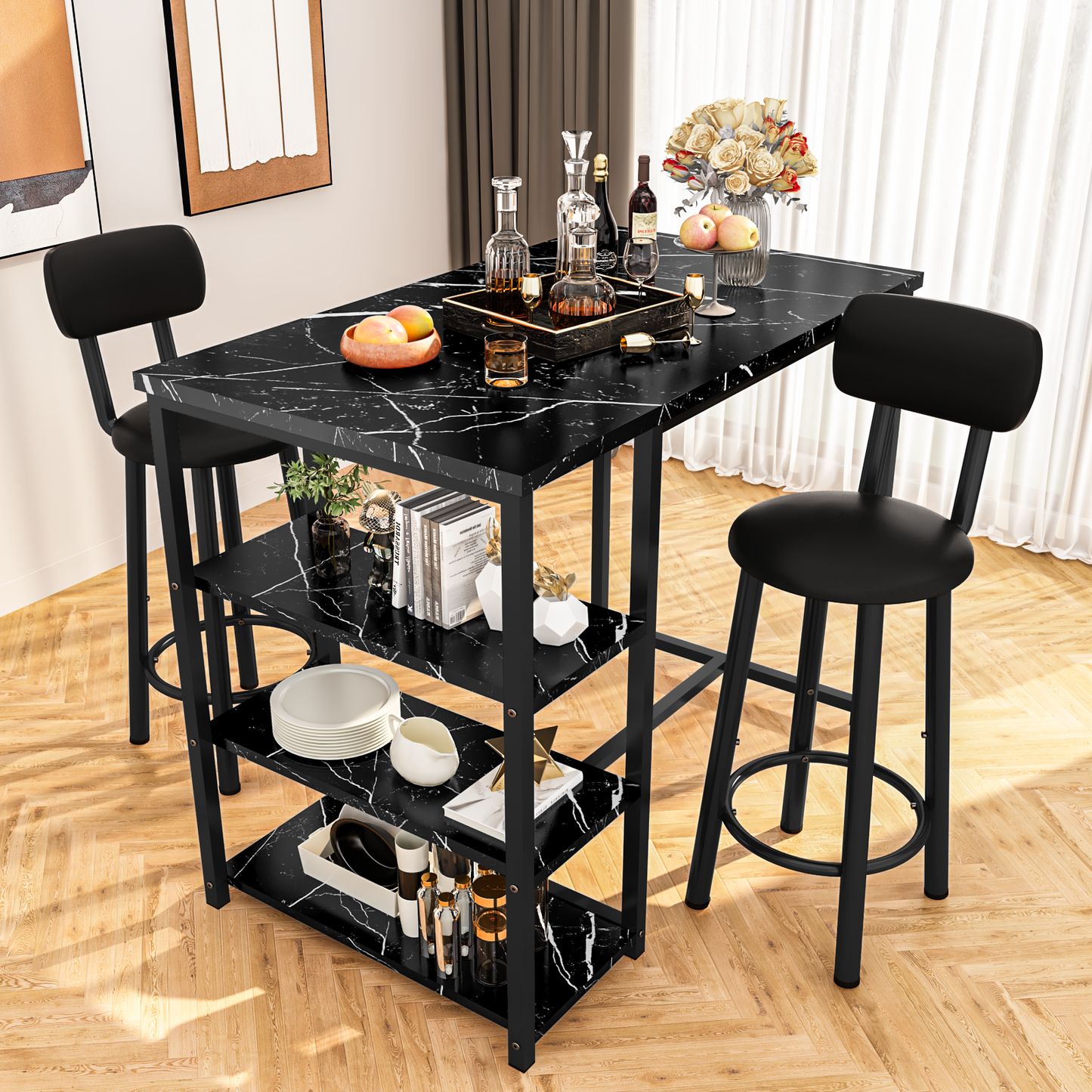 MIERES 2-Person Dining Set, 3-Piece Bar Table and Chair Set, Kitchen Counter-Height Dining Table Set, Compact Kitchen Dining Table with Storage, Small Space Breakfast Set