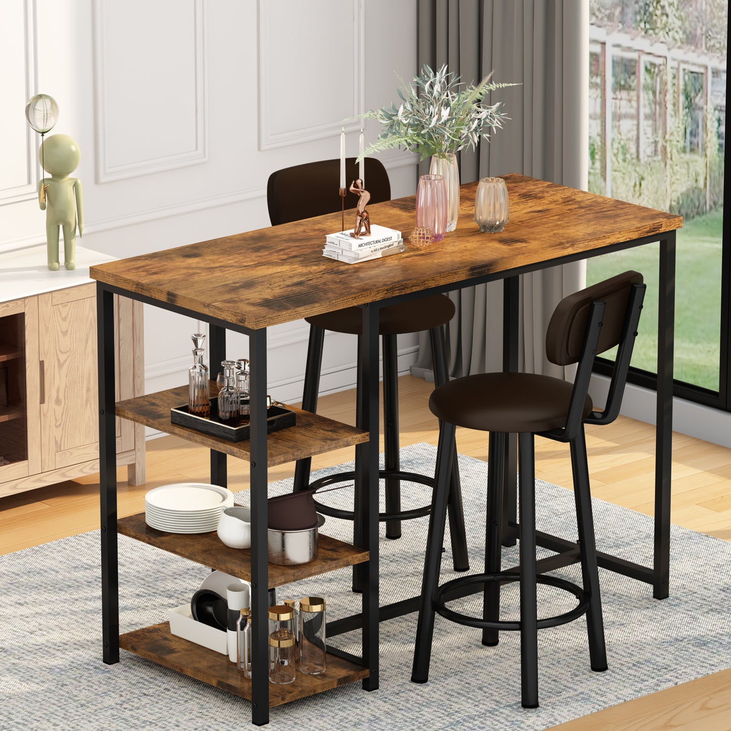MIERES 2-Person Dining Set, 3-Piece Bar Table and Chair Set, Kitchen Counter-Height Dining Table Set, Compact Kitchen Dining Table with Storage, Small Space Breakfast Set