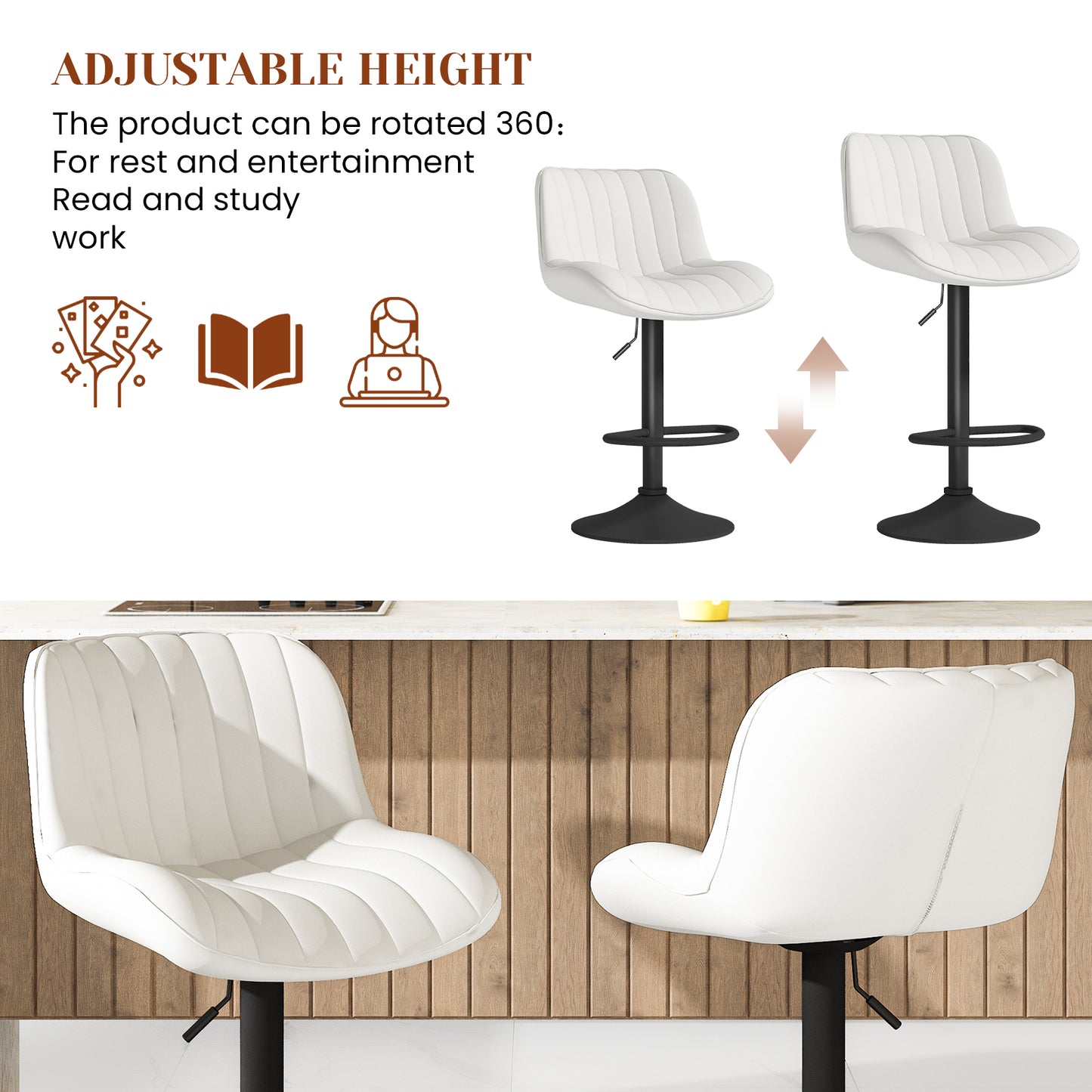 MIERES Modern Bar Stool Set of 2, Adjustable Faux Leather Upholstered Swivel Counter Stools, Counter Height Barstools with Back for Kitchen Island Design Furniture