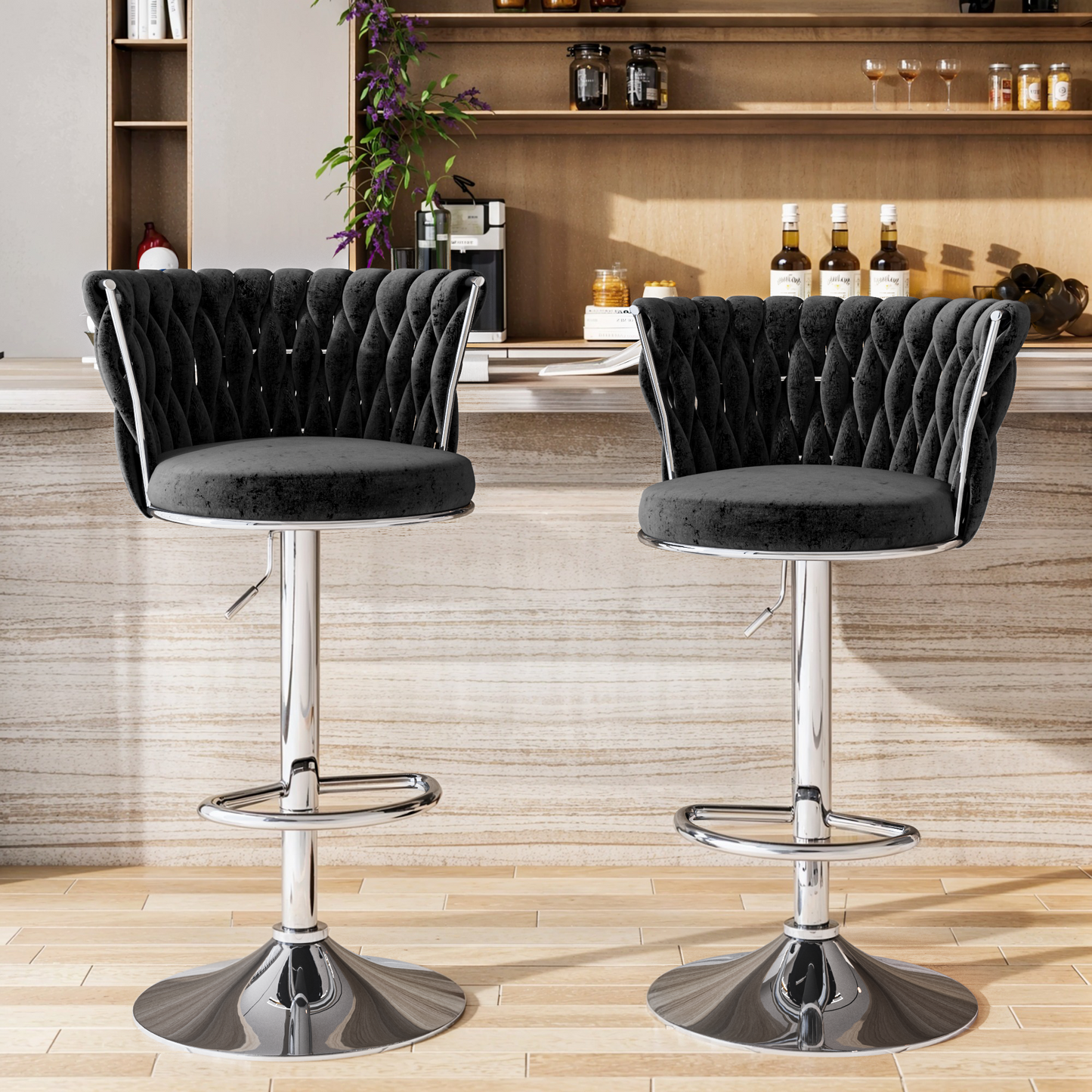 Mieres Velvet Bar Stools Set of 2/4, Adjustable Height Swivel Pub Chairs with Woven Back, Counter Height Dining Chairs with Footrest, 360° Rotating Kitchen Island Stools for Home & Bar