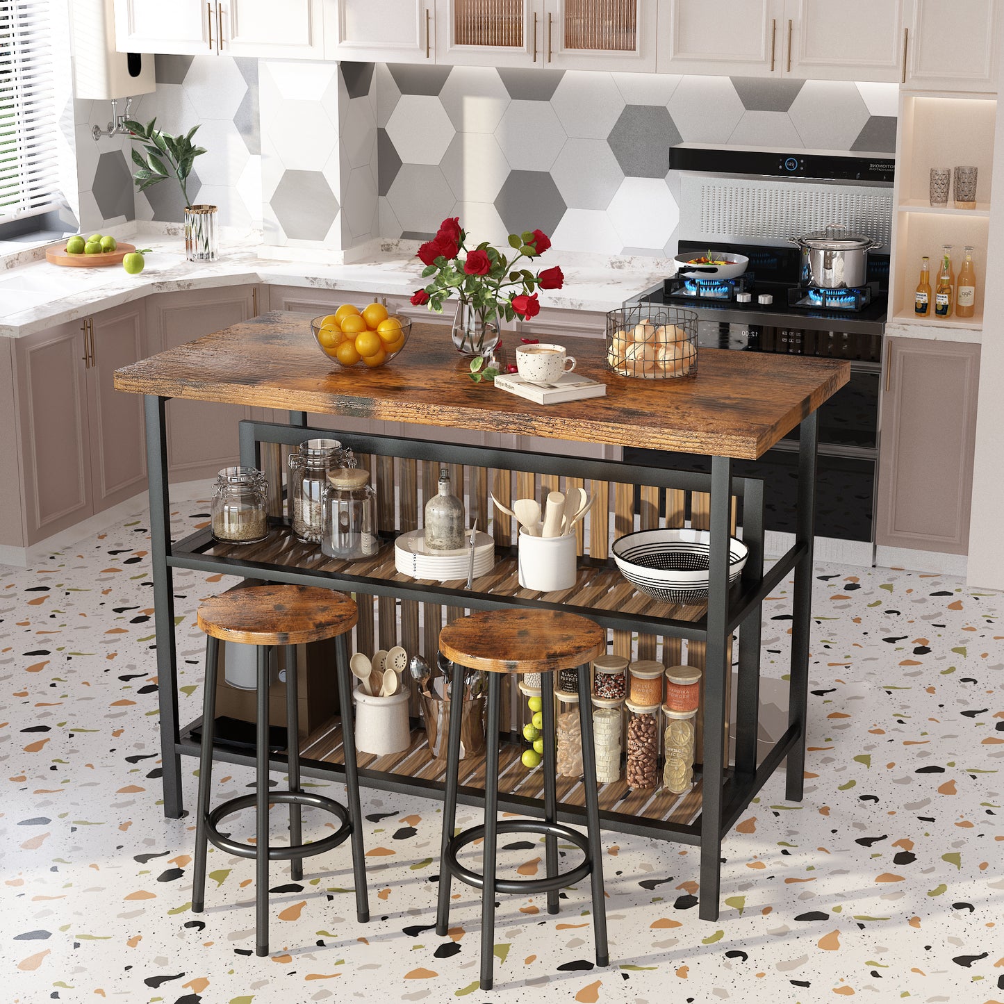 MIERES 48in Dining Table for 4-6, Dining Leisure Table with Storage Shelves, 1.8" Thick Top, Scratch-Resistant, Natural Wood Finish, Multi-Use for Dining Room Kitchen Office, Wood Finish